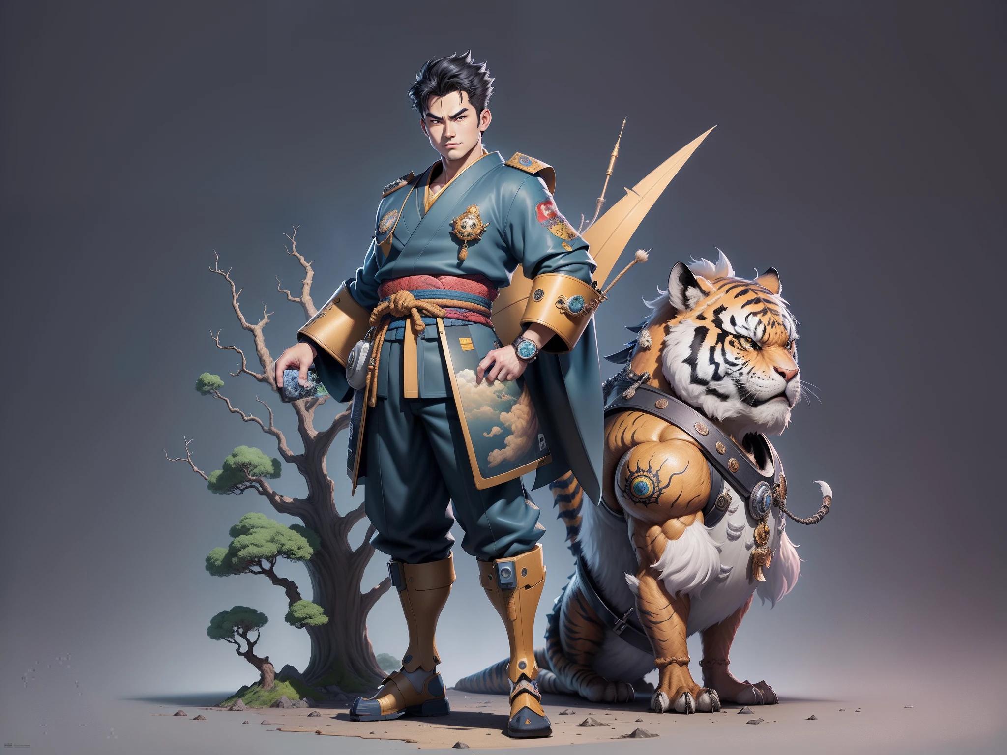 (Masterpiece), (Excellent), (Super Meticulous), (Full Body: 1.2), Super Young Man, Oriental Face, Japanese Kimono, Japanese Wind Thunder God, Dragon, Tiger, TV Anchor, Bust Portrait Illustration, Alone, Black Suit, Blue Tie, Slightly Chubby Face, Very Clean Face, No Beard, Black Super Short Hair, Black Eyes, Confident Smile, 3c Computer Sub-Products, iPad, iPhone, Digital Painting, 3D Character Design by Akira Toriyama and Mark Claireden and Pixar and Hayao Miyazaki, The illustration is a high-definition illustration in 4K resolution with very detailed facial features and cartoon-style visuals.