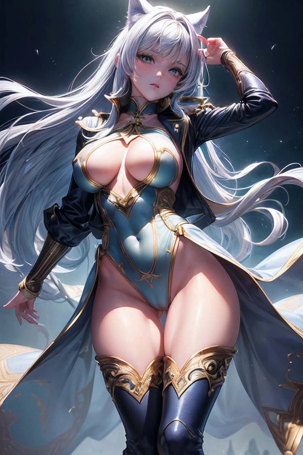 ((Best Quality, 8K, ultra-detailed, Masterpiece: 1.3)), 1girl, shiny skin, sharp, Perfect Body Beauty, realistic shaded perfect body, ("leotard, fantasy,transparent pussy ":1.2), ("kneehighs":1.1),(jacket , fantasy :1.1),fantasy costume,big_breasts ,(dynamic pose:1.2), thigh ,fantastical ,wind