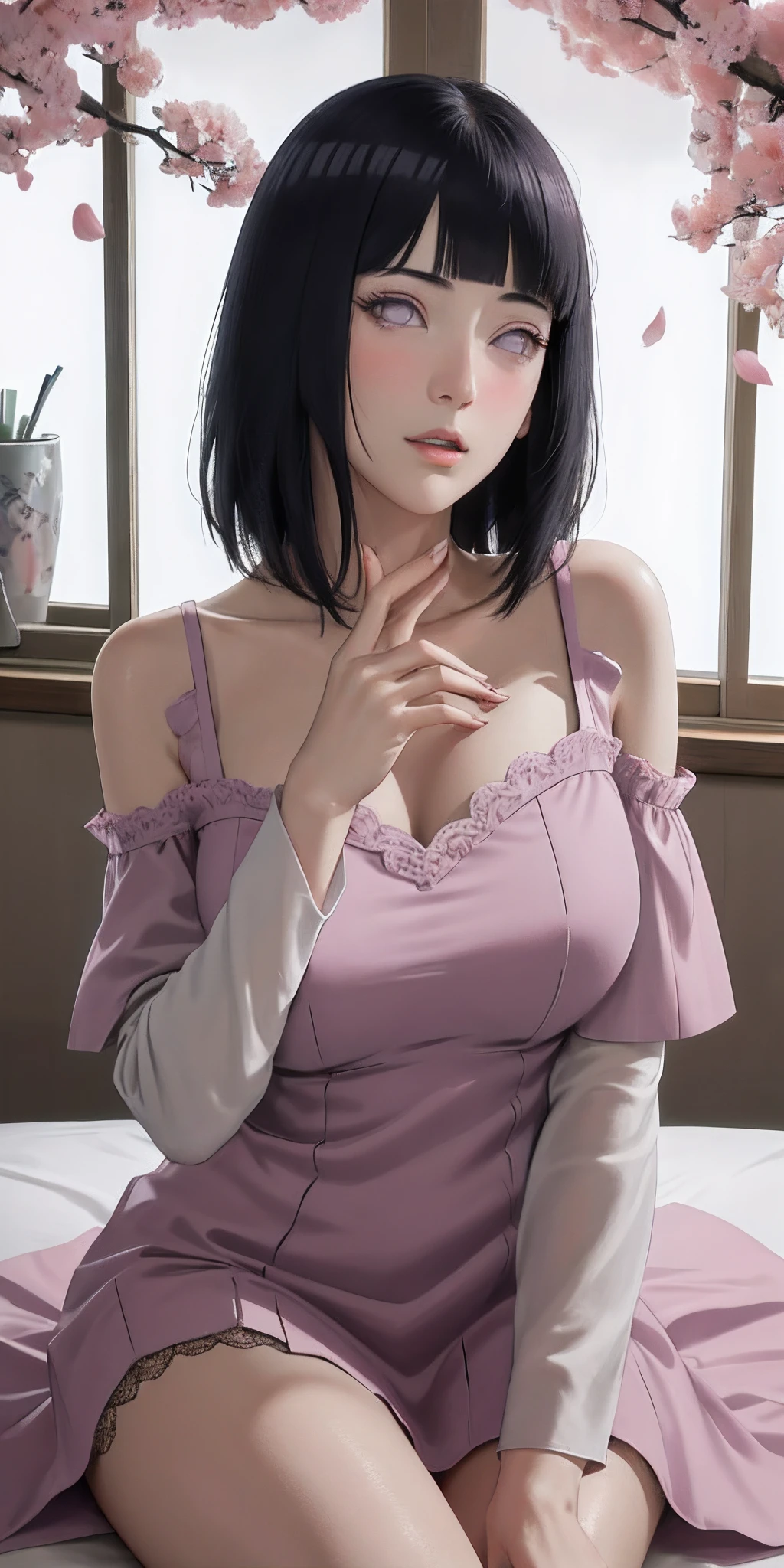 masterpiece, absurdres, hinata hyuga, 1girl, solo,mature female, off shoulder lace mini dress, looking at viewer, (falling petals), perfect composition, detailed lips, big breast, beautiful face, body propotion, blush, (pink lips), long hair, purple eyes, soft gaze, super realistic, detailed, photoshoot, realistic face and body, detail body, detail finger, sexual expression, seductive expression,