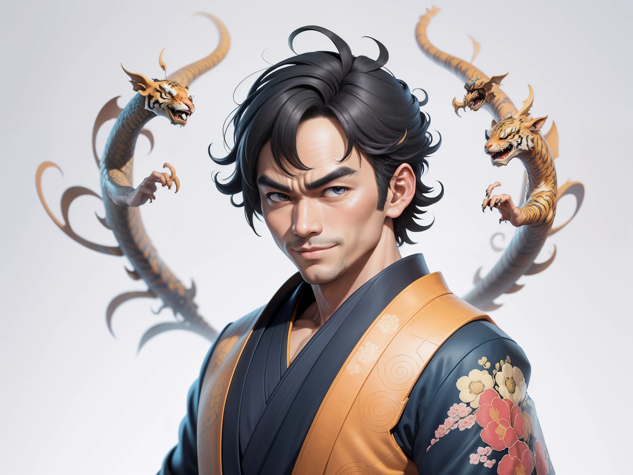 (Masterpiece), (Excellent), (Super Meticulous), (Full Body: 1.2), Super Young Man, Oriental Face, Japanese Kimono, Japanese Wind Thunder God, Dragon, Tiger, TV Anchor, Bust Portrait Illustration, Alone, Black Suit, Blue Tie, Slightly Chubby Face, Very Clean Face, No Beard, Black Super Short Hair, Black Eyes, Confident Smile, 3c Computer Sub-Products, iPad, iPhone, Digital Painting, 3D Character Design by Akira Toriyama and Mark Claireden and Pixar and Hayao Miyazaki, The illustration is a high-definition illustration in 4K resolution with very detailed facial features and cartoon-style visuals.
