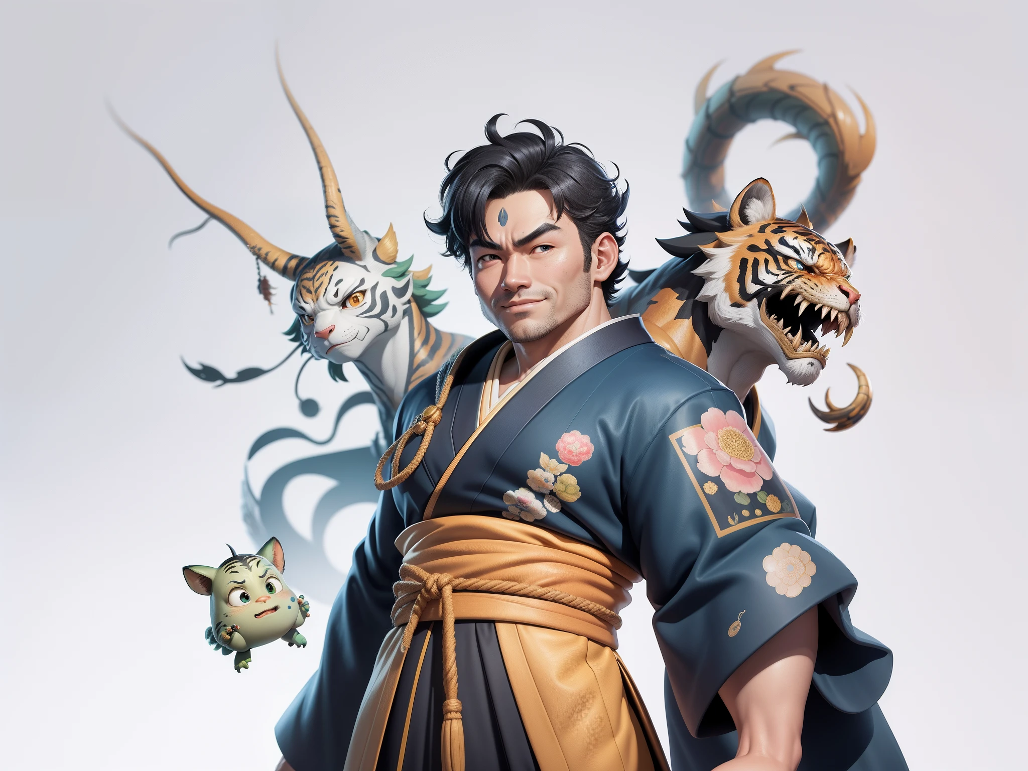 (Masterpiece), (Excellent), (Super Meticulous), (Full Body: 1.2), Super Young Man, Oriental Face, Japanese Kimono, Japanese Wind Thunder God, Dragon, Tiger, TV Anchor, Bust Portrait Illustration, Alone, Black Suit, Blue Tie, Slightly Chubby Face, Very Clean Face, No Beard, Black Super Short Hair, Black Eyes, Confident Smile, 3c Computer Sub-Products, iPad, iPhone, Digital Painting, 3D Character Design by Akira Toriyama and Mark Claireden and Pixar and Hayao Miyazaki, The illustration is a high-definition illustration in 4K resolution with very detailed facial features and cartoon-style visuals.