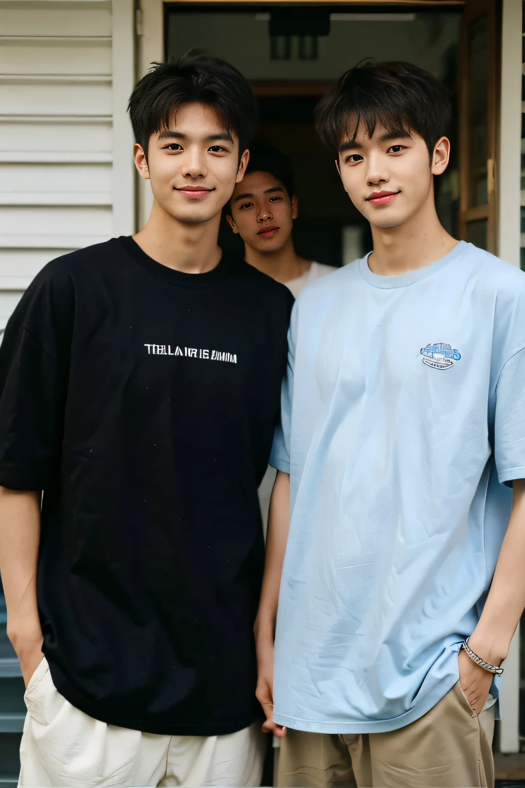 (male people), (Two boy couples，Same height，Two college students,different hair style), (28 year old), （beachside）, Film texture, Japanese film，真实感，Real Human, Nice light and shadow, The background is blurred out, long eyelasher,The upper part of the body, 二重まぶた, Handsome，youthfulness，freshen，Asian people，is shy，Fashionab，ssmile，largeeyes，Round eyes，