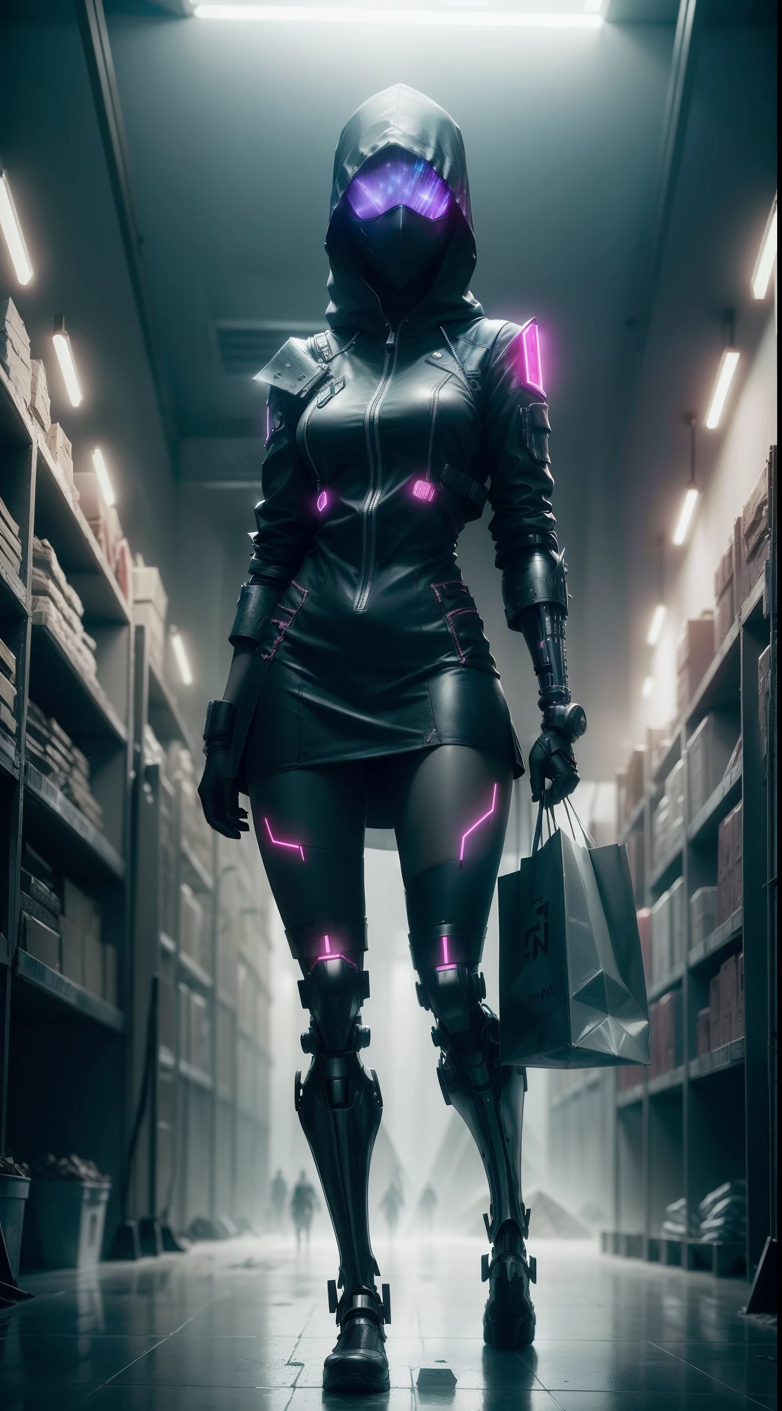 "((Kenopsia)):1.3, lighting dramatic, shopping abandonado, eerie silence, ((Pyramid head girl wearing a cybernetic suit)), in a post-apocalyptic world, luzes neon brilhantes, circuitos brilhantes, (sombrio), (Enigmatic),"