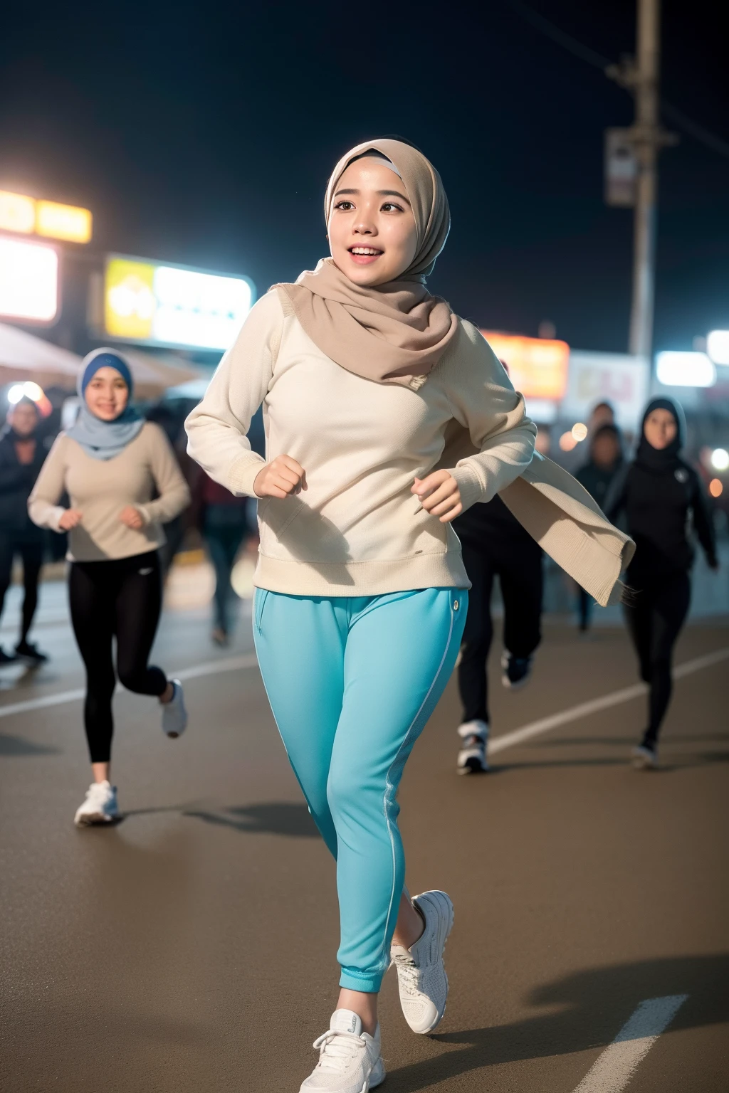 Portrait photo of a young malay girl, (laughing:0.7), (mira filzah face), malaysian, posing, look at a camera, full body, light blue hijab, light blue sport sweater, long track pants, night market background, backlit, (cinematic:1.5), epic realistic, hyperdetailed, detailed skin texture, mole below eye, insane details, intricate details, accent lighting, soft volumetric light, bokeh, (dramatic light:1.2), (neutral colors:1.3), cross process, night market busy background, portraying the motion and grace of running, showing the wind blowing her hijab, fluid movement, capturing the essence of her athleticism and energy, running