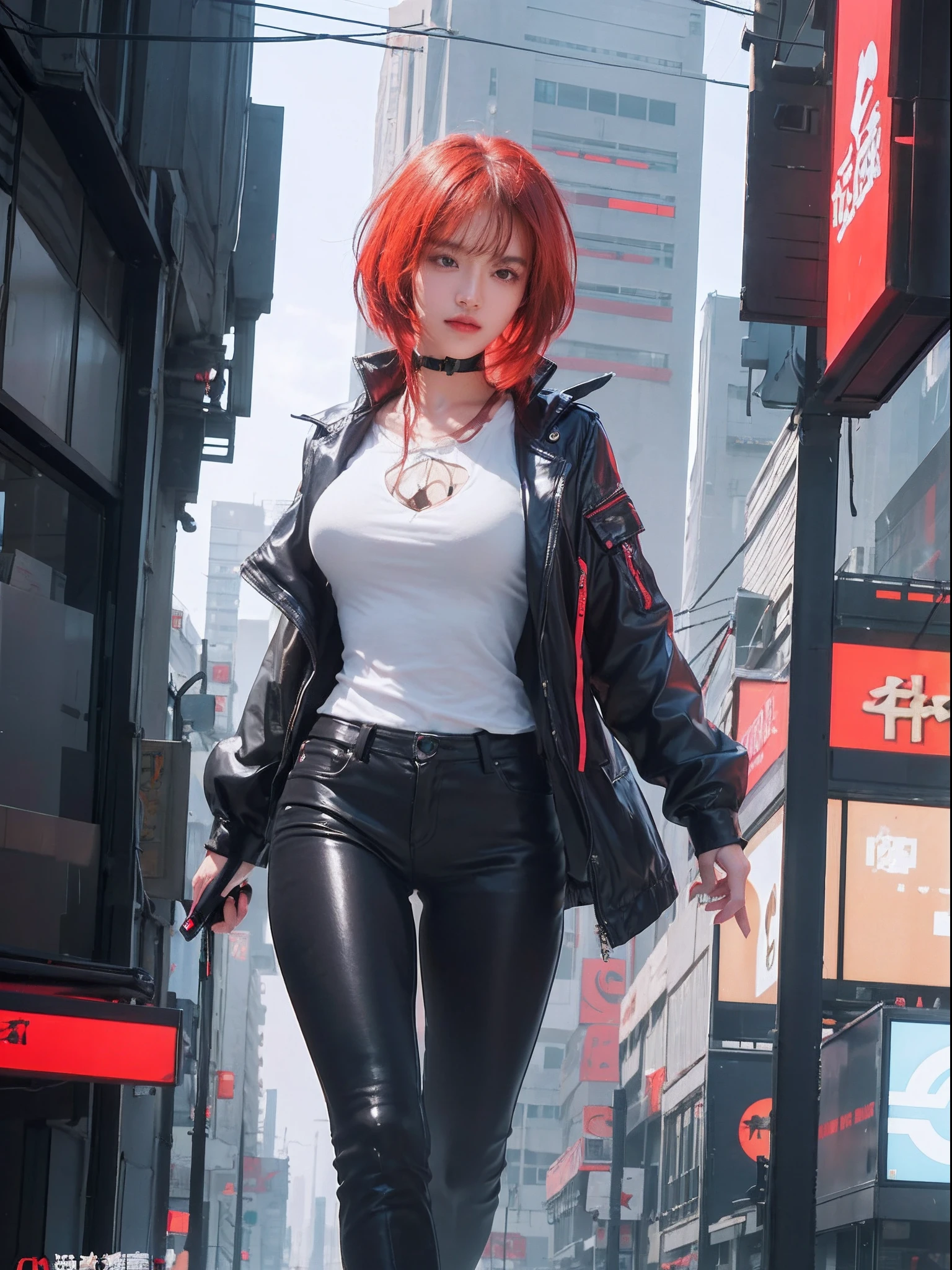 2girl, 8k portrait of beautiful girl with short dark red hair, asian skin tone, intricate, elegant, realistic depth of field photography, perfect natural lighting (masterpiece, sidelighting, finely detailed beautiful eyes: 1.2), short hair, realistic lots of hair, realistic suit, realistic human face, realistic cyber city background