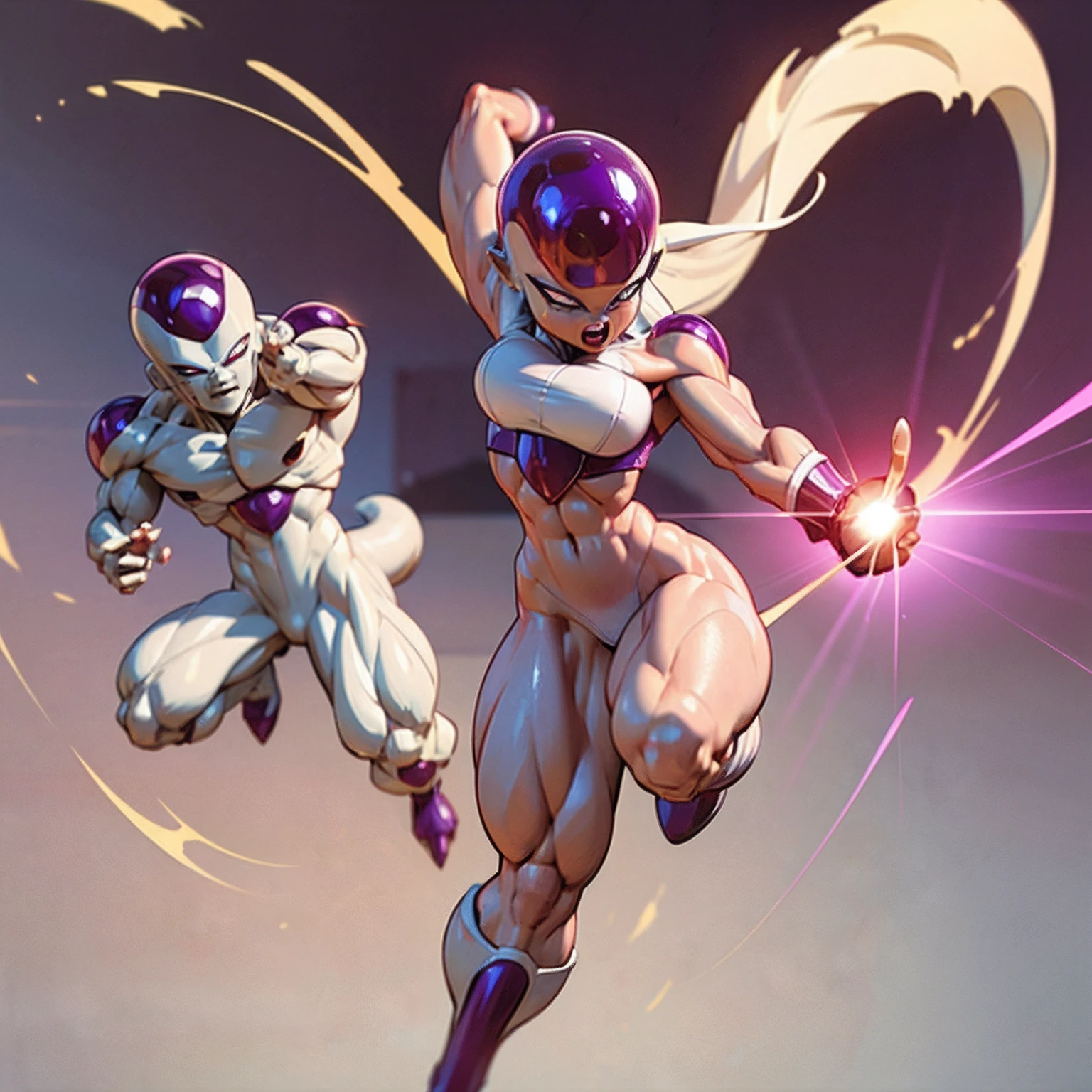 ((Frieza)), Female, woman version, Transformed into final form、dragonball z, Huge breats、battleing、Fighting、action、Beautiful expression、serious faces、Looking down、tail、red eyes、Bruised body、Perfect body、Toned body、full body Esbian、fıt body、abdominals、musculature,