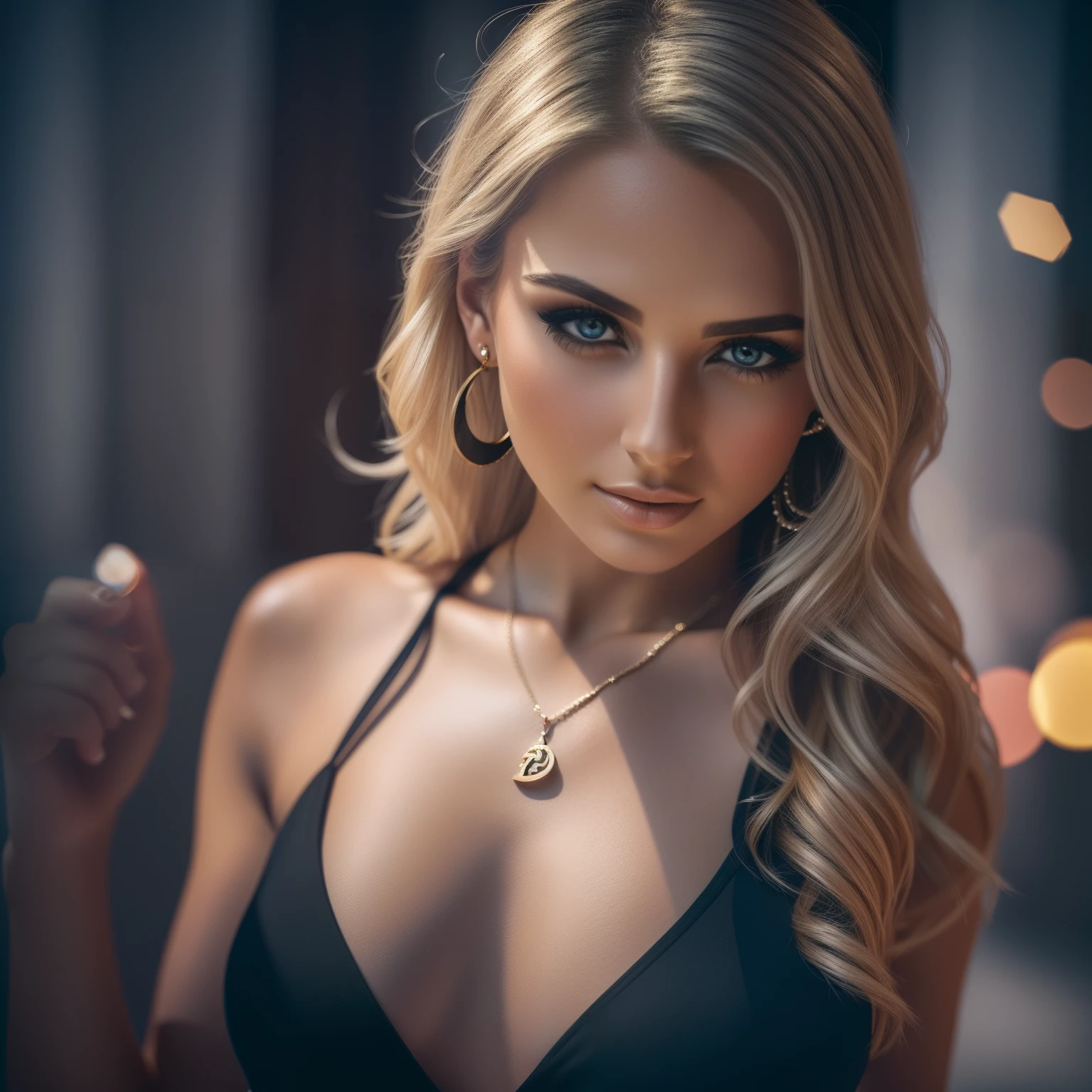 Front bodyshot of 25yo European woman, pointing at camera, blonde hair, serious, natural skin texture, 24mm, 4K textures, makeup, (detailed eyes: 1.2), RAW photography, (8k, 4k, Top Quality, Hi-Res: 1.1), (Realistic, Photorealistic: 1.1), black background, studio, light border, dark atmosphere, (bokeh: 1.2), photography, cinematic, photorealistic, ultrarealistic, fit girl, no dress, perfect figure, realistic, sexy beauty, 4K, no clothes, Necklace, Earrings, Lips, Eye Shadow, Jewelry, (Viewer Looking For: 1.8), Detail, High Contrast