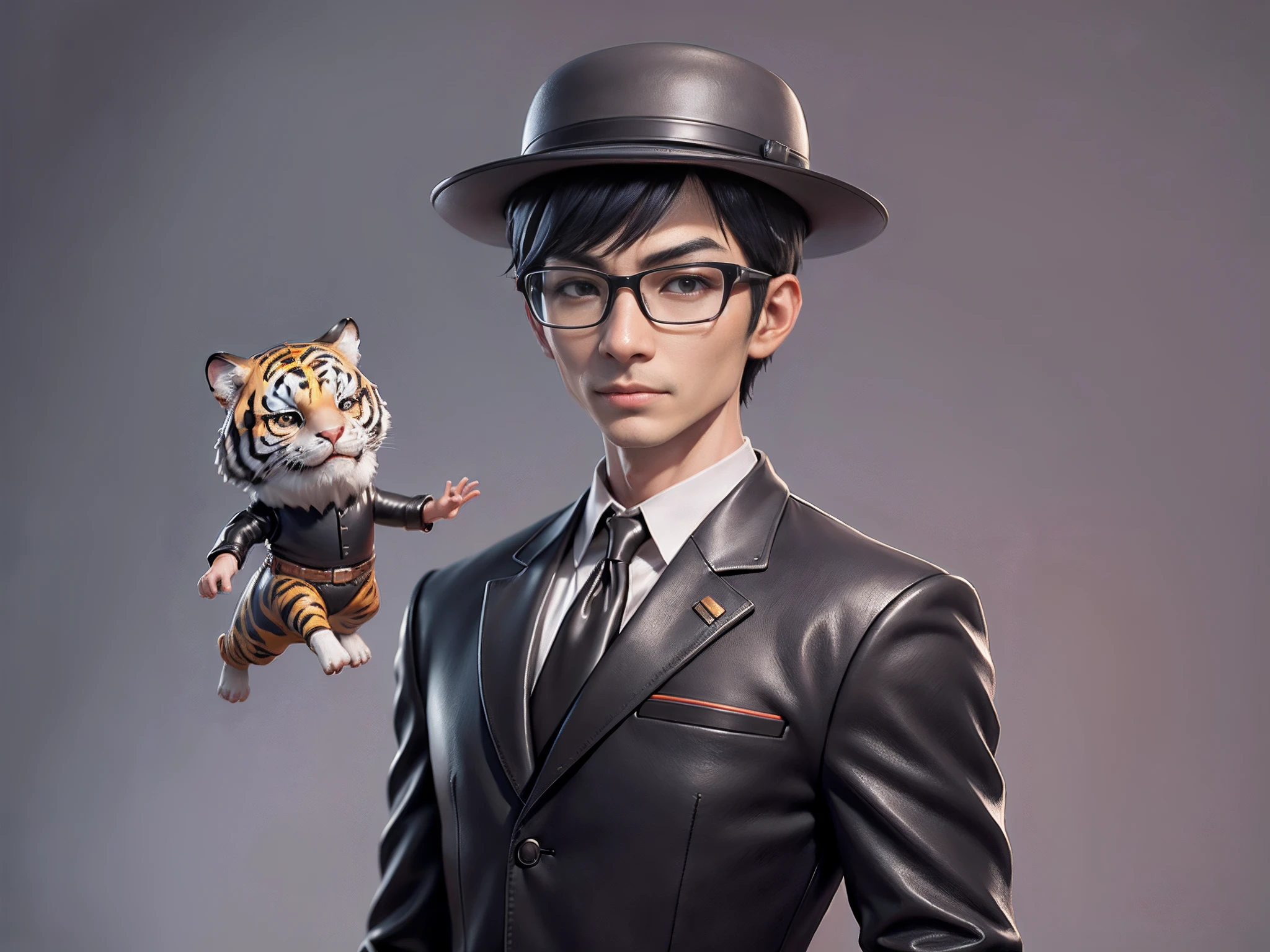 Young man with oriental face in leather hat, tiger, oriental face in formal suit, short black hair, silver glasses, digital painting, 3D character design by Mark Clairedon and Pixar and Hayao Miyazaki and Akira Toriyama, the illustration is a high-definition illustration in 4K resolution with very detailed facial features and cartoon-style visuals.