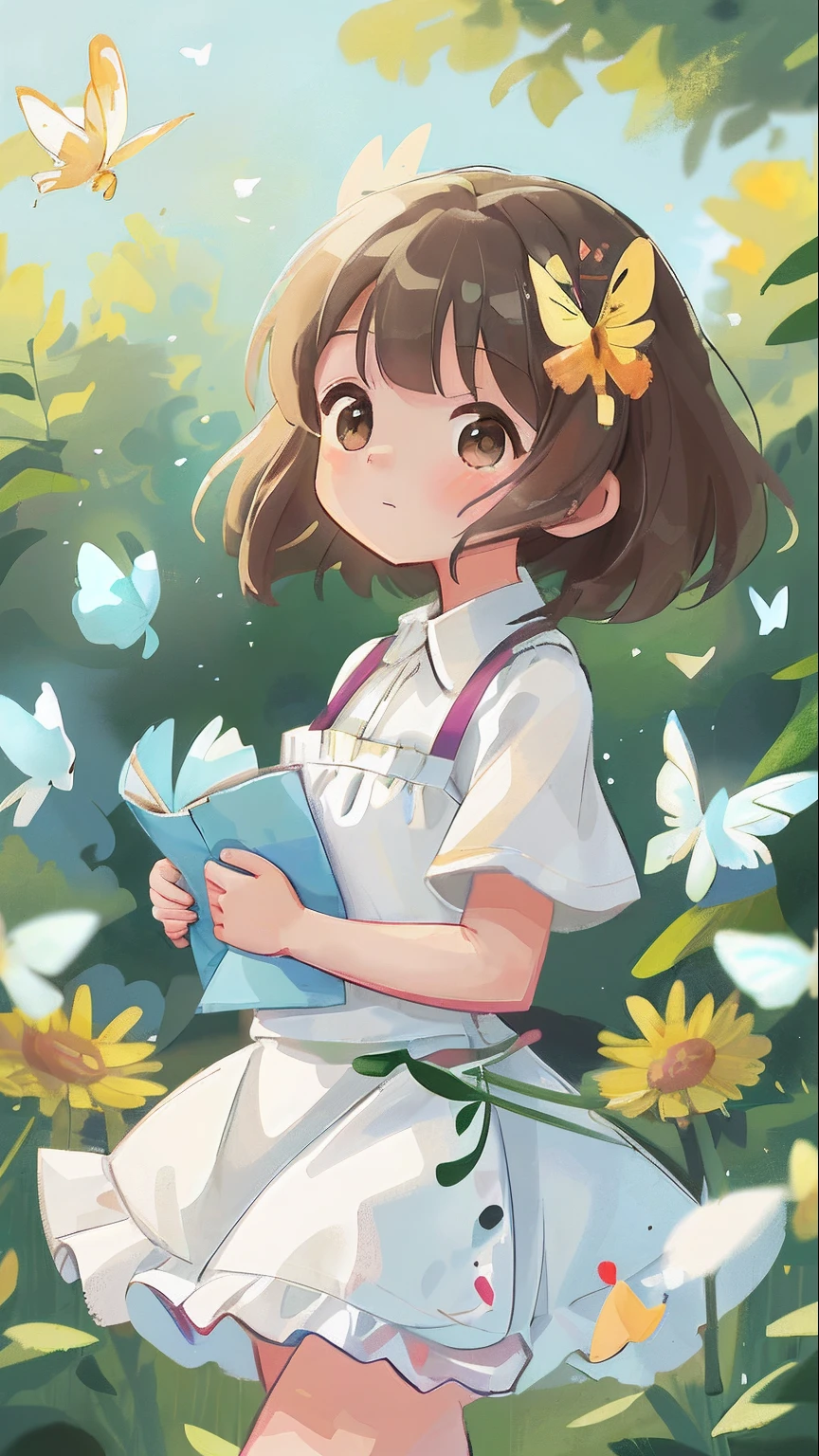 high detal、hyper-detailing、Ultra High Resolution A cute and innocent girl in a white bikini,Gamine,Toddlers,Enjoy her time in the open fields,surrounded by nature's beauty,warm sun sprinkling on her,wildflowers gently swaying in the breeze。Butterflies and birds flutter around her,It adds to the playful atmosphere, --v6