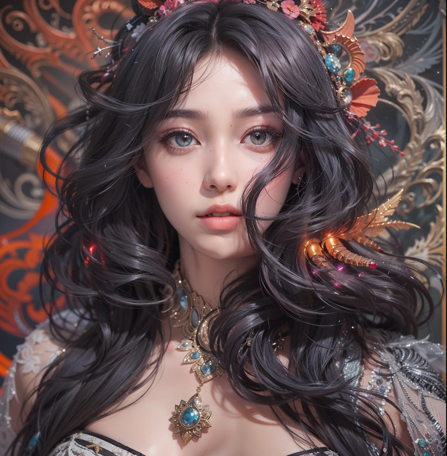 official art, unity 8k wallpaper, ultra detailed, beautiful and aesthetic, masterpiece, best quality, (zentangle, mandala, tangle, entangle), (fractal art:1.3) , 1girl, extremely detailed, dynamic angle, the most beautiful form of chaos, elegant, a brutalist designed, vivid colours, romanticism, atmospheric, ecstasy of musical notes, streaming musical notes visible, upper body, half body, face zoom, face focuse, detail face, detail eyes, official art, masterpiece, sharp focus, (beautiful gorgeous cute Korean woman:1.3), (beautiful cute korean:1.3), korean beauty, Delicate and beautiful hair and eyes and face, realistic, ultra detailed, beautiful girl, glow white particle, (sidelighting:1.2), very large hips, scenery, long straight hair, sexy facial expression, dynamic hair, long straight hair, detailed black long hair, glow red eyes, sexy, in the dark, deep shadow, low key, cold light, dynamic light, cinematic lighting, cinematic lighting, mature woman, face closeup, face detail, red lips detail, scorpio girl, scorpio girl zodiac, scorpio sign as a tatto, very detail eyes, detail faces, face detail, detail, utra detail, very detail, highly detail, black hair, face zoom, focus face,