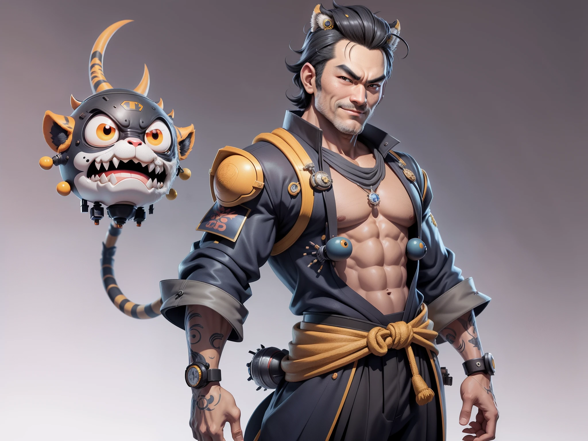 (Masterpiece), (Excellent), (Super Meticulous), (Full Body: 1.2), Super Young Man with Japanese Female Geisha, Pretty, Beautiful, Chinese Dragon, Tiger, Wind God Thor, Sexy, Bursting, Oriental Face, TV Anchor, Bust Portrait Illustration, Black Suit, Blue Tie, Slightly Chubby Face, Silver Glasses, Very Clean Face, No Beard on Chin, Black Super Short Hair, Black Eyes, Confident Smile, 3c Computer Sub-Products, iPad, iPhone, Digital Painting, 3D character design by Mark Clairedon and Pixar and Hayao Miyazaki and Akira Toriyama, the illustrations are HD illustrations in 4K resolution with highly detailed facial features and cartoon-style visuals.