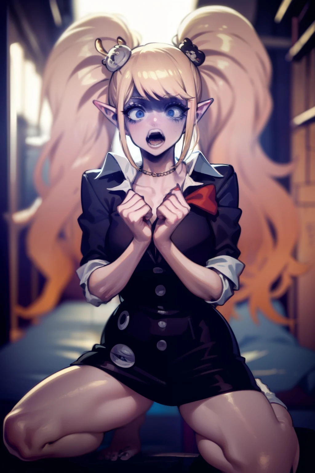 1girl, elf, blonde hair, mature female, fleeing, screaming,
1boy, ugly man, pigman, horror \(theme\),, masterpiece, best quality, highly detailed