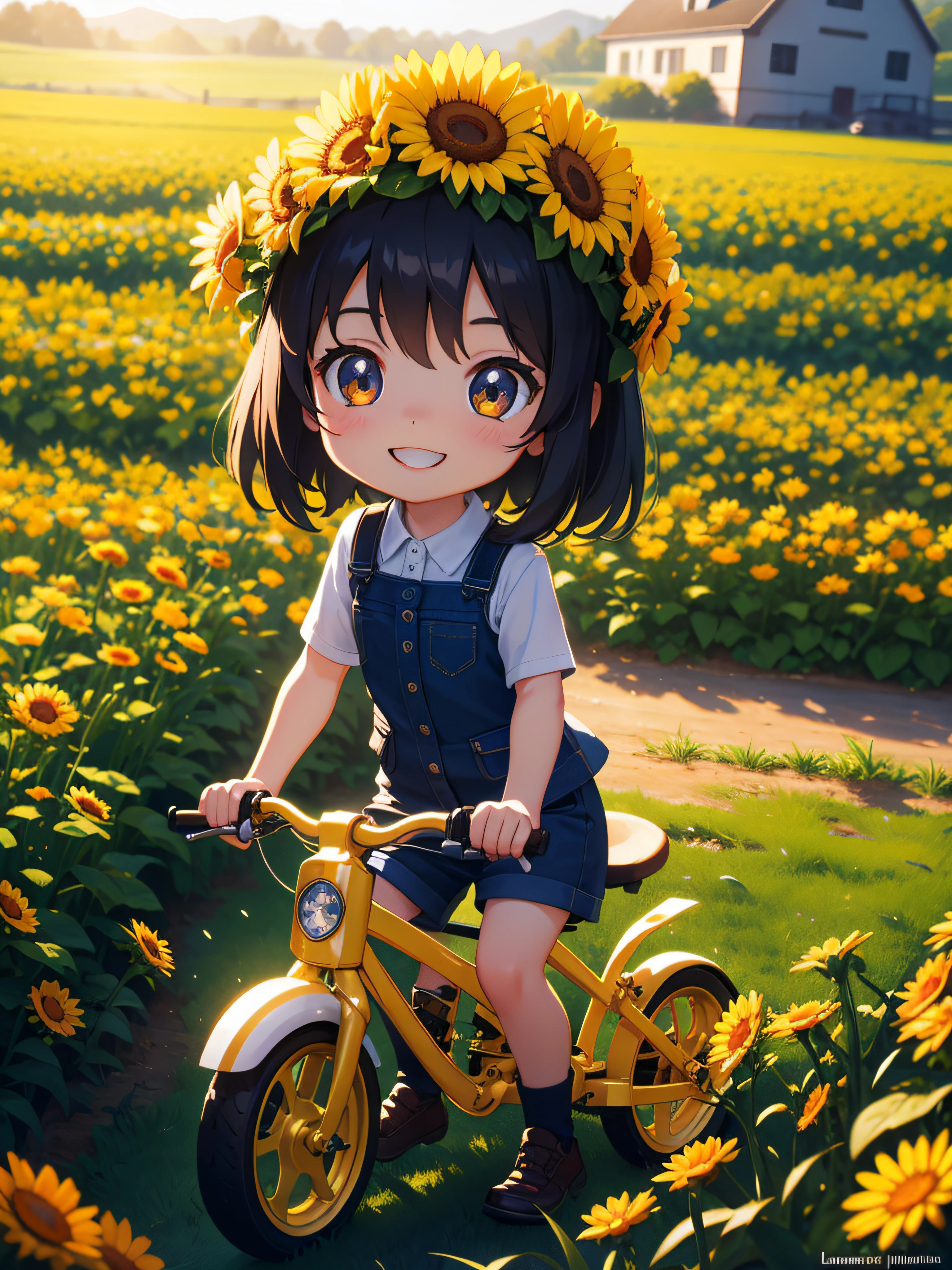 Sunny bike ride, Beautiful 3d art, digital painting, luminism, Detailed and intricated little chibi girl Riding a trike, detailed face. smiling, farm, hyperdetailed, farm house, sunlight, sunbeams, complex, dynamic composition, artstation, Greg Rutkowski, artgem, craola, wlop, complex, highly detailed.