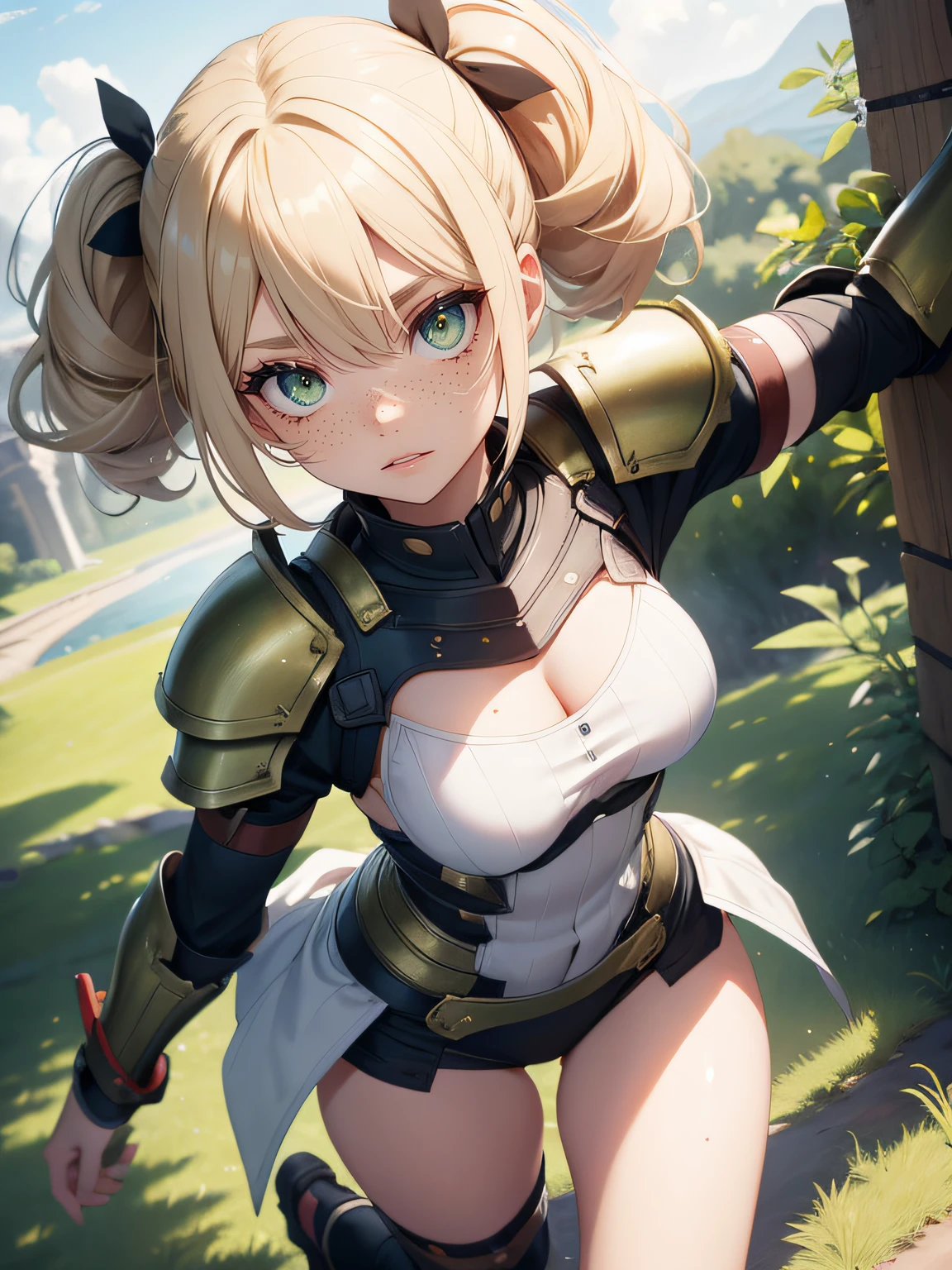 NSFW, cute, blushing, wolf ears, blond hair, black skin fantasy, running, bikini armor, fields, grass, blue sky, clouds, cute, breast, wide hips, nipple, laying down, picking flowers, ((solo))