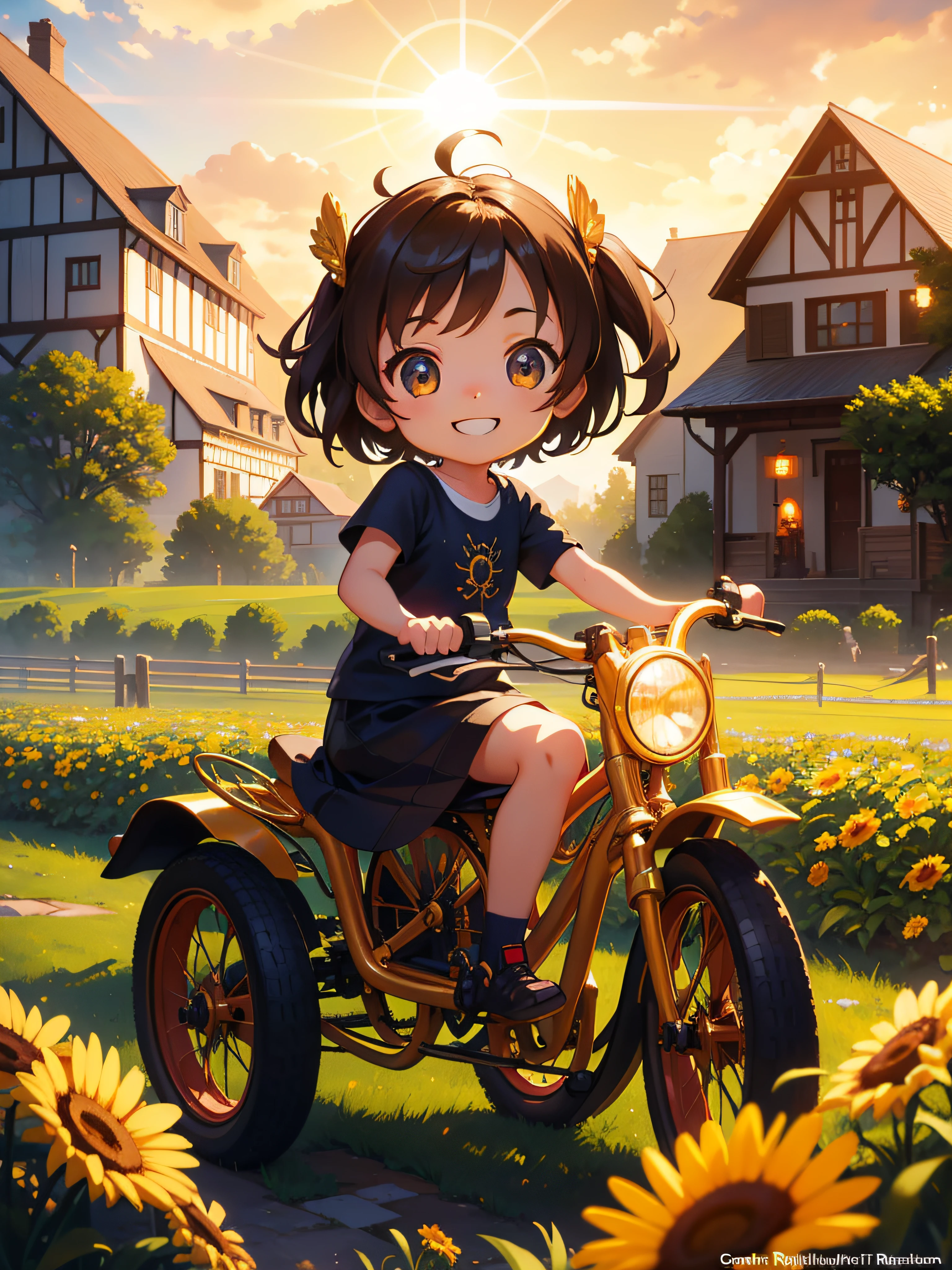 Sunny bike ride, Beautiful 3d art, digital painting, luminism, Detailed and intricated little chibi girl Riding a trike, detailed face. smiling, farm, hyperdetailed, farm house, sunlight, sunbeams, complex, dynamic composition, artstation, Greg Rutkowski, artgem, craola, wlop, complex, highly detailed.