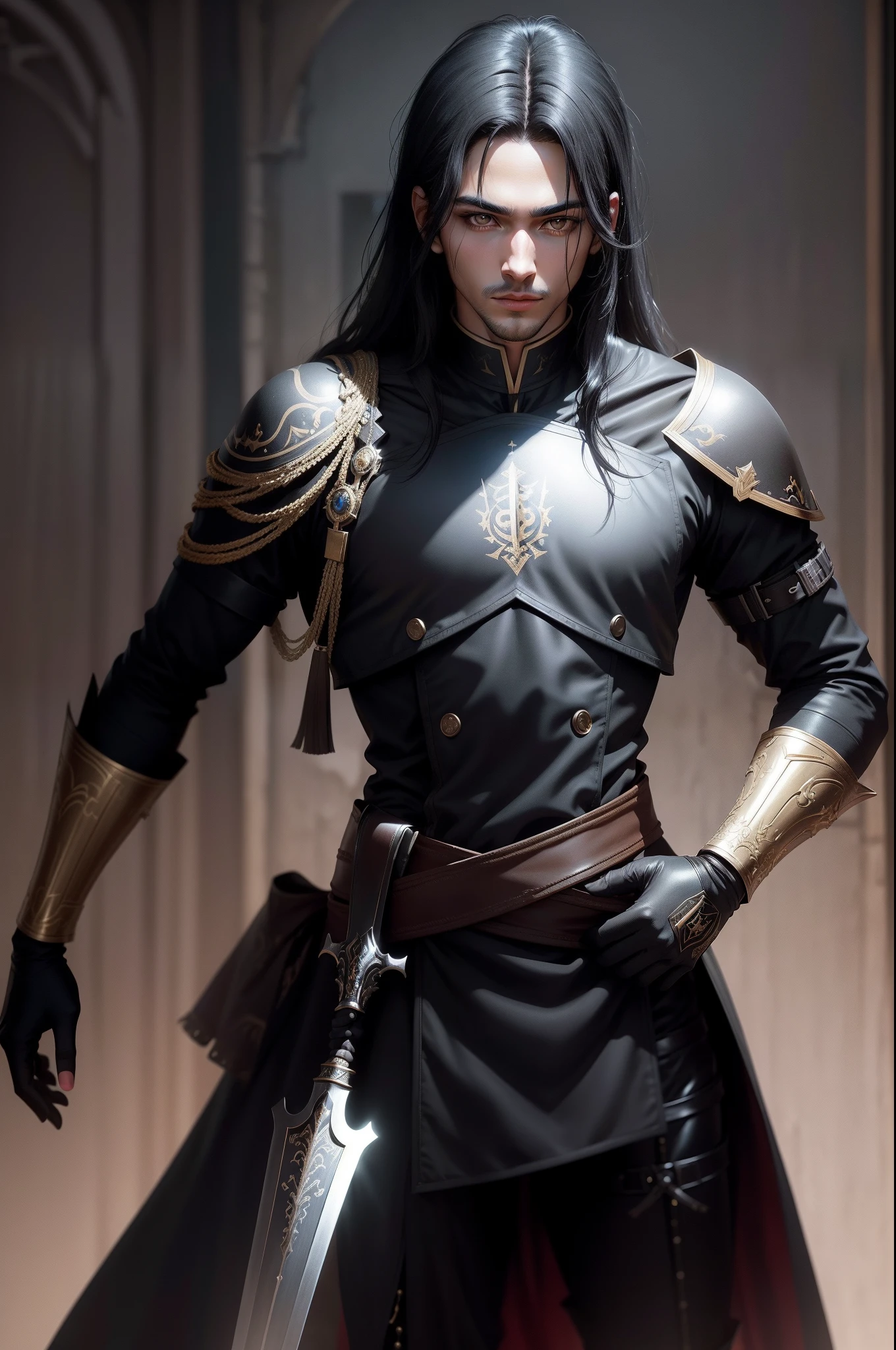 Slightly longer black hair　Young handsome prince with dark eyes　Metallic black special forces exterior　Gentle eyes　Handsome prince with a gentle smile　Equipped with a sword at the waist　Wearing black leather gloves on hands　ruins　Gwaitz style　realisitic　Precision Details　unrealengine