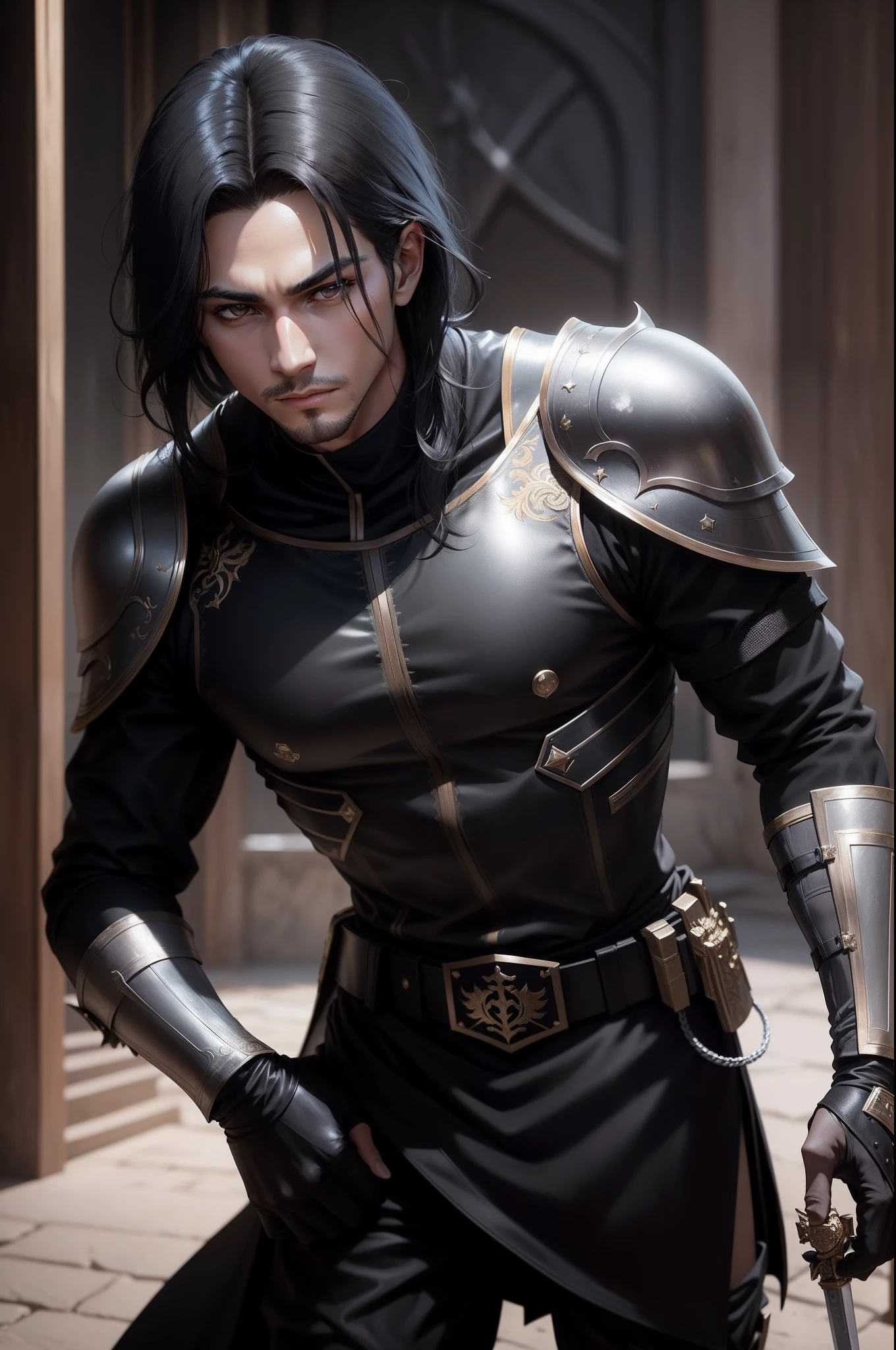 Slightly longer black hair　Young handsome prince with dark eyes　Metallic black special forces exterior　Gentle eyes　Handsome prince with a gentle smile　Equipped with a sword at the waist　Wearing black leather gloves on hands　ruins　Gwaitz style　realisitic　Precision Details　unrealengine