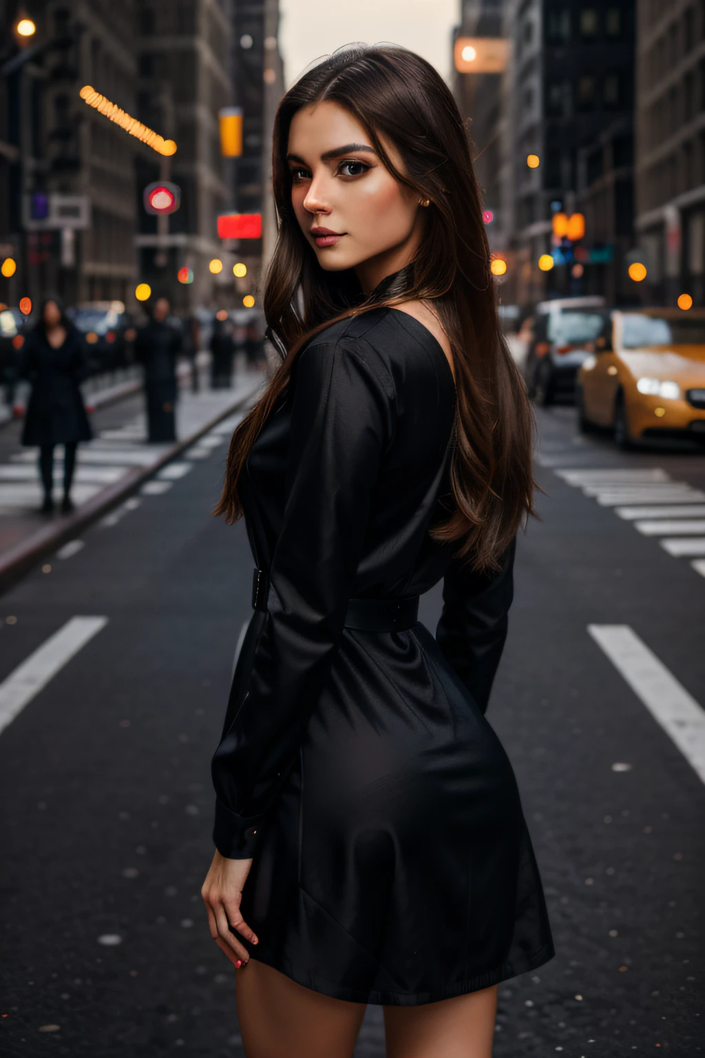 full body, long_hair, gorgeous, city girl, western, classy dress, hot girl, pose, sexy makeup, new york street, night, (masterpiece), best quality, high resolution, extremely detailed, blurred background, depth of field, cinematic lighting,