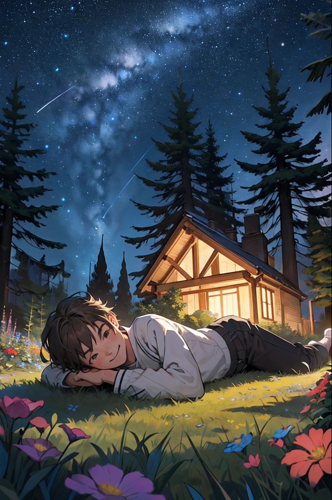 Create an illustration of a brown-haired boy lying on the grass of an orphanage, looking at the starry night sky with a hopeful smile, while the ancient trees and the colorful gardens around him are depicted in realistic detail.