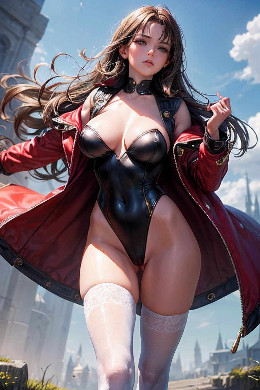 ((Best Quality, 8K, ultra-detailed, Masterpiece: 1.3)), 1girl, shiny skin, sharp, Perfect Body Beauty, realistic shaded perfect body, ("leotard, fantasy,transparent pussy ":1.2), ("kneehighs":1.1),(jacket , fantasy :1.1),fantasy costume,big_breasts ,(dynamic pose:1.2), thigh ,fantastical ,wind