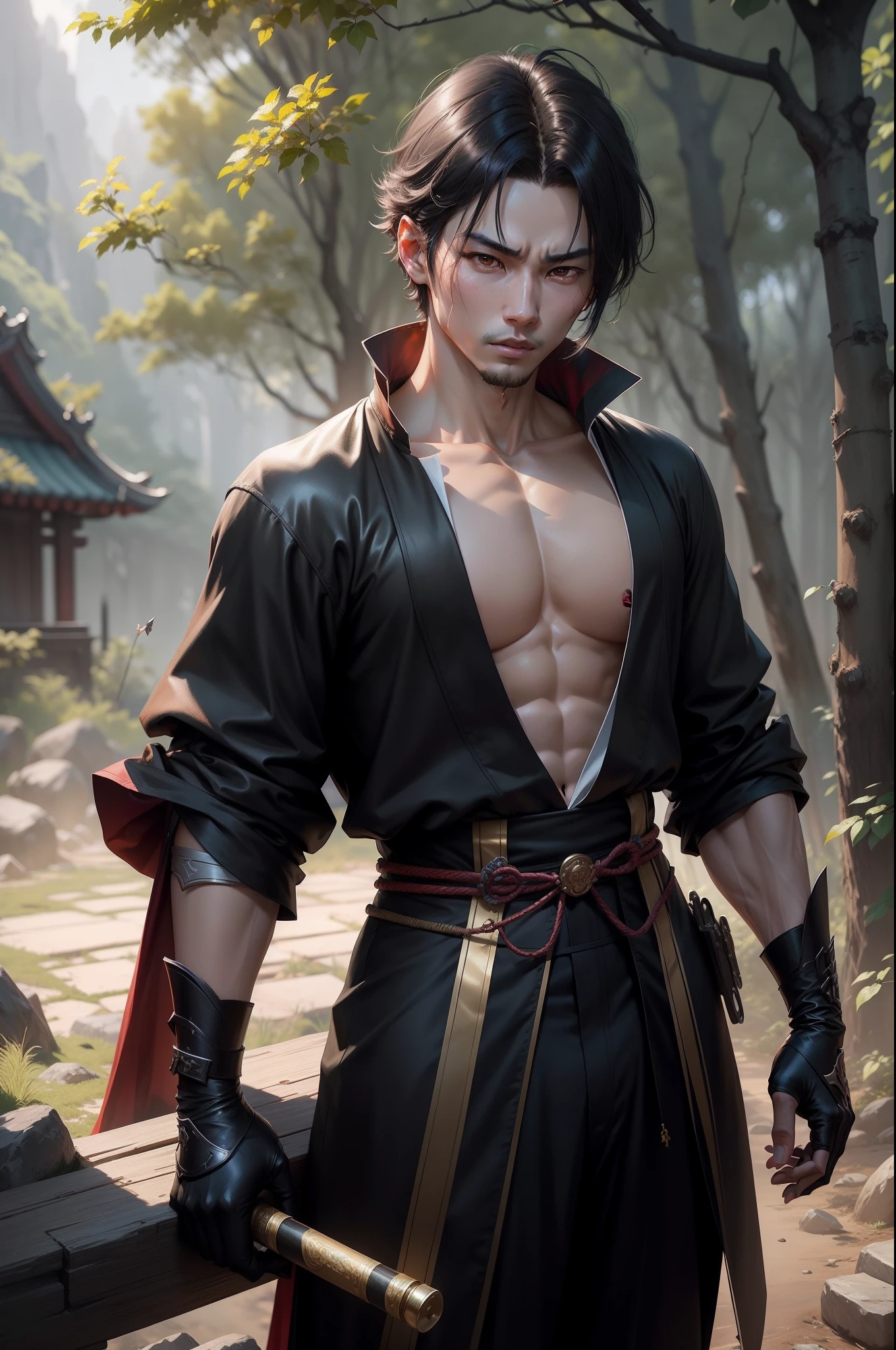 A boy super handsome god prince holding a Japan sword　Boy prince with feminine features　Prince of androgynous gods　Boy Prince with Black Hair Short Bob　Handsome Prince with Black Eyes　Metallic black and red Japan special exterior and costume　glareing　Gritting your teeth and getting angry　Flowing sweat　in woods　life-like８K-High Resolution　realistic background　Clear background　a picture　wojtek fus, by Yang J, inspired by Yanjun Cheng, Inspired by Adrian Zing, wlop and ross tran, yangjun chen, chengwei pan on artstation, cgsociety and fenghua zhong, Gwaitz-inspired artwork Vojtek FUS, by Yang J, inspired by Yanjun Cheng, Inspired by Adrian Zing, wlop and ross tran, yangjun chen, chengwei pan on artstation, cgsociety and fenghua zhong, artwork in the style of guweiz　Unreal Engine Super Resolution　An ultra-high picture quality　８k