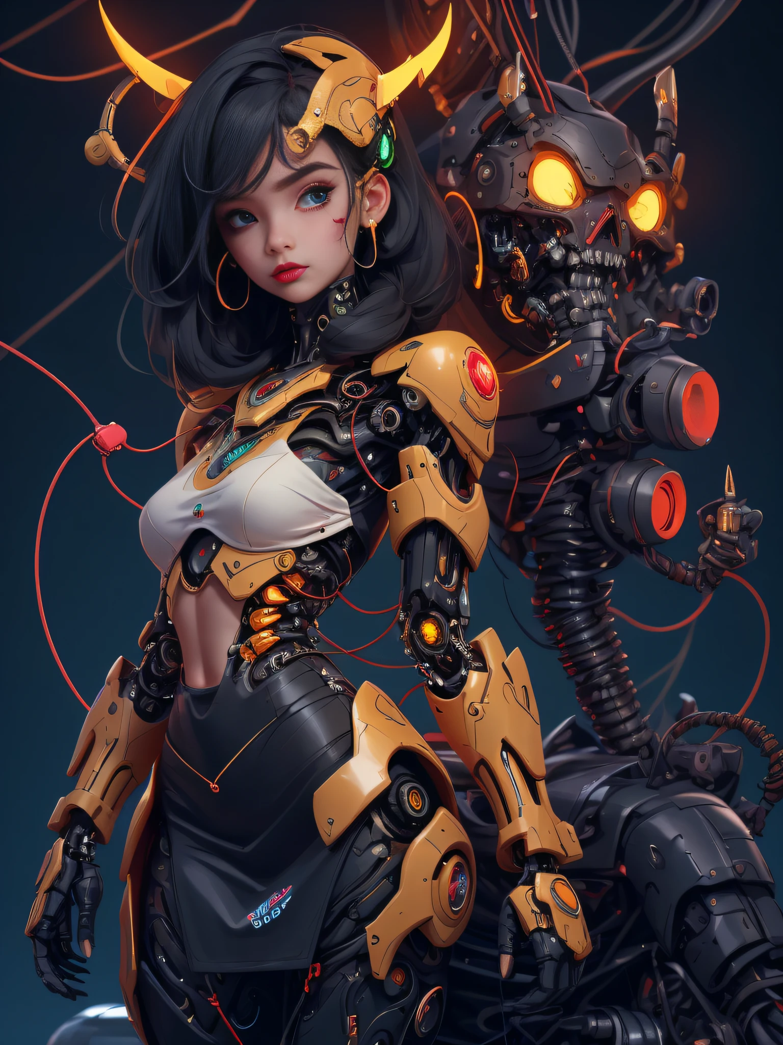 (predomina el color azul) bnijistyle, cuerpo completo de cyborg lady, cybernetic jaw, mechenical parts, camisa blanca, sin bottoned, Black latex skirt, piel de metal, ojos azul brillantes, Cables, Cables, cabello negro, fondo simple