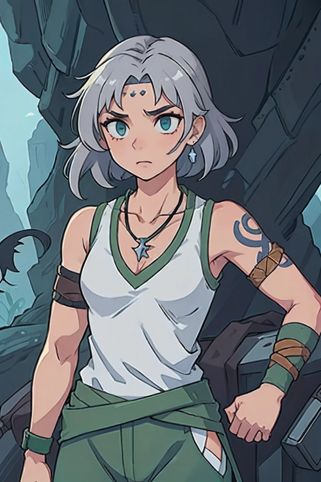 (1girl) (masterpiece) (high_quality) (fantasy) (detailed_hands) Shira: tall and fit physique, light skin tone. Hair: short grey with two bangs. Scars: multiple on face and body, one prominent vertical scar across the throat. Tattoo: blue dragon on right shoulder. Attire: long sleeveless dark green shirt tied with a light green sash, grey pants, black arm braces. Accessories: forehead protector attached to the bottom of shirt, bandages on right biceps, small amber magatama necklace. Special_instruction: focus on detailed and well-proportioned hands.