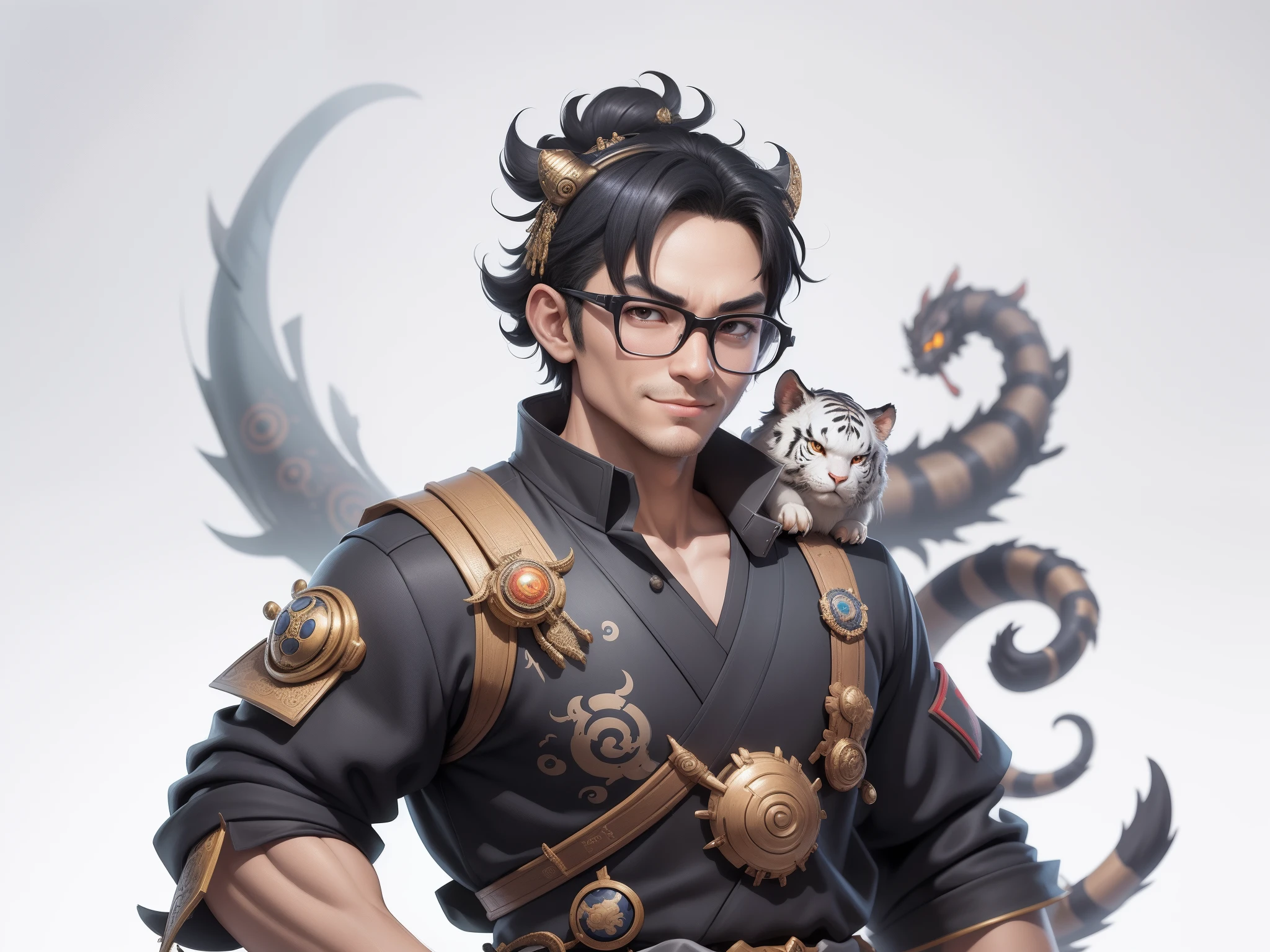 (Masterpiece), (Excellent), (Super Meticulous), (Full Body: 1.2), Super Young Man with Japanese Female Geisha, Pretty, Beautiful, Chinese Dragon, Tiger, Wind God Thor, Sexy, Bursting, Oriental Face, TV Anchor, Bust Portrait Illustration, Black Suit, Blue Tie, Slightly Chubby Face, Silver Glasses, Very Clean Face, No Beard on Chin, Black Super Short Hair, Black Eyes, Confident Smile, 3c Computer Sub-Products, iPad, iPhone, Digital Painting, 3D character design by Mark Clairedon and Pixar and Hayao Miyazaki and Akira Toriyama, the illustrations are HD illustrations in 4K resolution with highly detailed facial features and cartoon-style visuals.