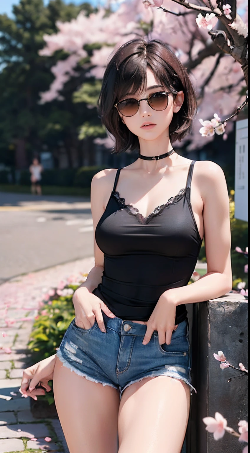 female, 1girl, (tomboy girls), (extra detailed body, extra detailed face, extra detailed leg, intricate details, best qualtiy:1.2), (perfect body : 1.1), (chiseled abs:1.1),
(short-length hair, blackhair, partedhair:1.45), (wearing sunglasses:1.2),
(JINS, wearing lace tanktop:1.2), (jeans (shorts)),
(cherry blossom on background:1.4), (an extremely delicate and beautiful), (masterpiece:1.2), (8k, RAW photo), (realistic, photo-realistic:1.37), [highres], beautiful lighting, perfect lightning, realistic shadows, detailed skin, ultra-detailed, auburn hair, collar, chain, full body