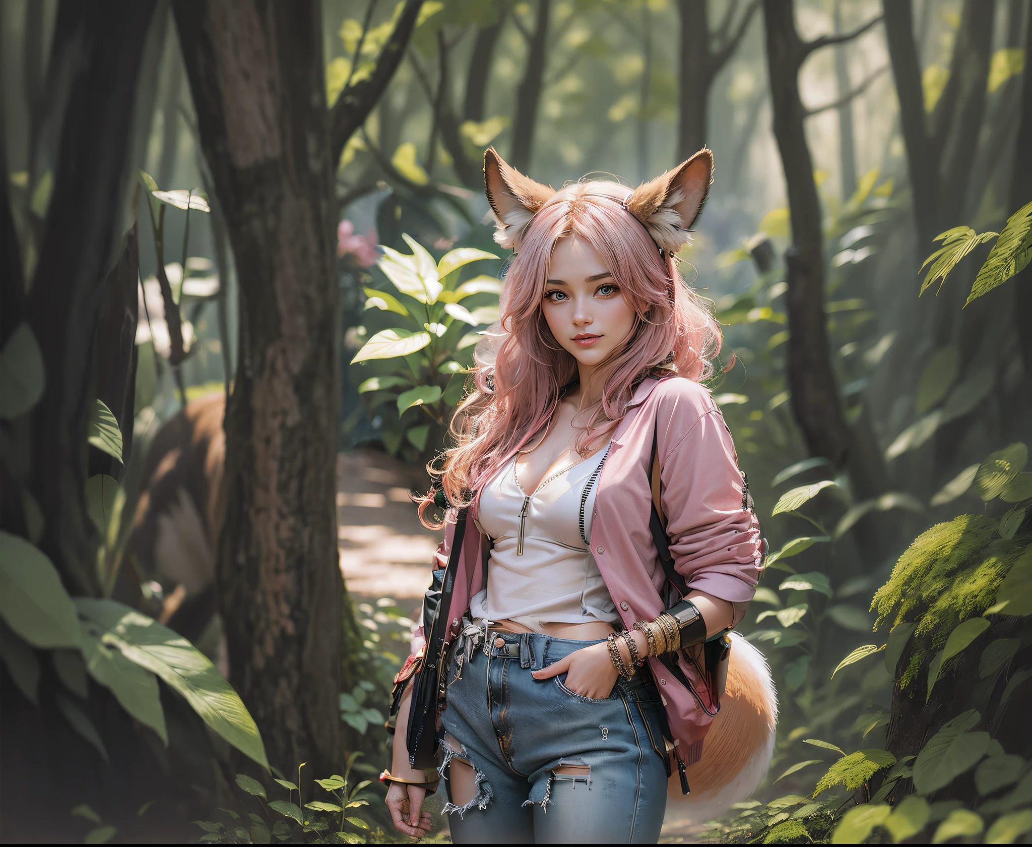 (masutepiece), (Best Quality), Realistic, Photorealism, 1girl in, Beautiful Girl, Perfect face, Perfect body, Sexy, (((Wearing only a pink MA-1 jacket)))、(((Do not close the zipper))),(( No bra, Braless)), Smile、(Taut)、Toned waist、fascinating butt、(((Don't wear panties)))、(((Wearing MA1 jacket only)))、Wearing a pistol holder on the thigh、Smile full of happiness、Attractive pretty woman、Detailed cute big blue eyes、Detailed cute face、complexion with good blood circulation、pink cheek、Medium hair、(((stick out)))、 (hardened   )、(((The upper body is almost naked,)))、(((Pubic hair is visible in the crotch)))、(((Lower body naked)))、(((Panoramic view of the lower body)))、(((Trying to hide the crotch with your hands)))、Big beautiful blue eyes、Lots of patches and stickers on the jacket, nine tails fox