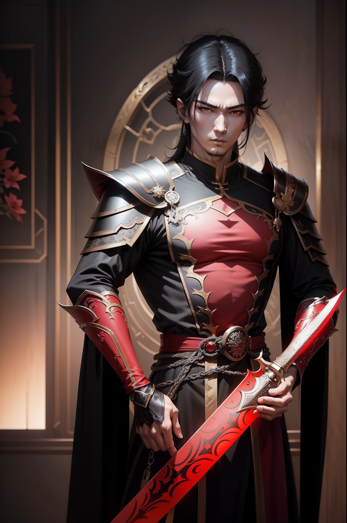 A man in a black and red costume holds a sword, by Yang J, handsome guy in demon slayer art, heise jinyao, Inspired by Hong Ren, beautiful androgynous prince, Inspired by Zhang Senyao, inspired by Yeong-Hao Han, inspired by Yang Jin, 2. 5 d cgi anime fantasy artwork