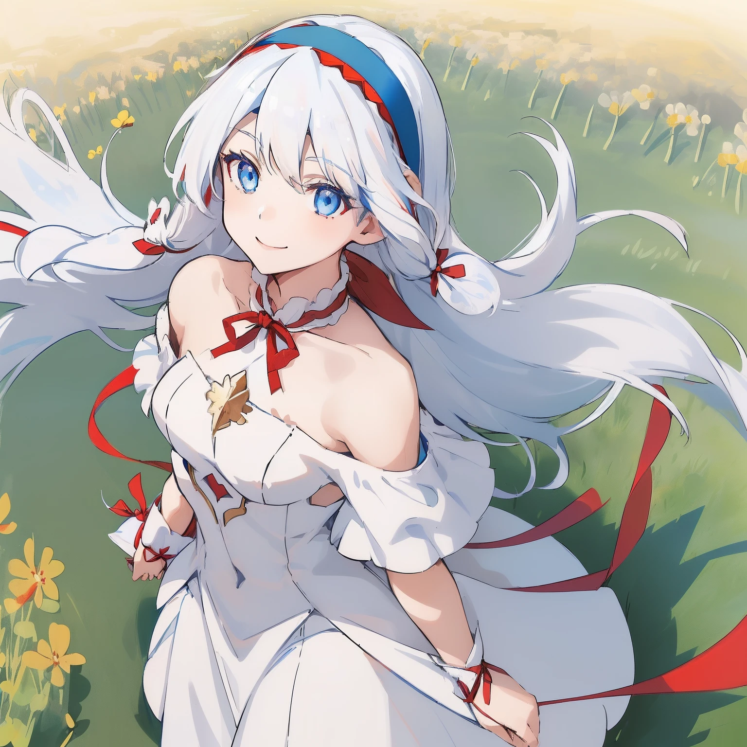 ((((1 woman)))), fullbody, ((((white hair)))), ((((red neck ribbon)))), ((((blue eyes)))), long hair, happy, smile, 18 year old, dynamic angle, ((((blue hairband)))), white dress, ((((shoulder cut out)))), ((((bare shoulder)))), soul gem, race, ((((meadow))))