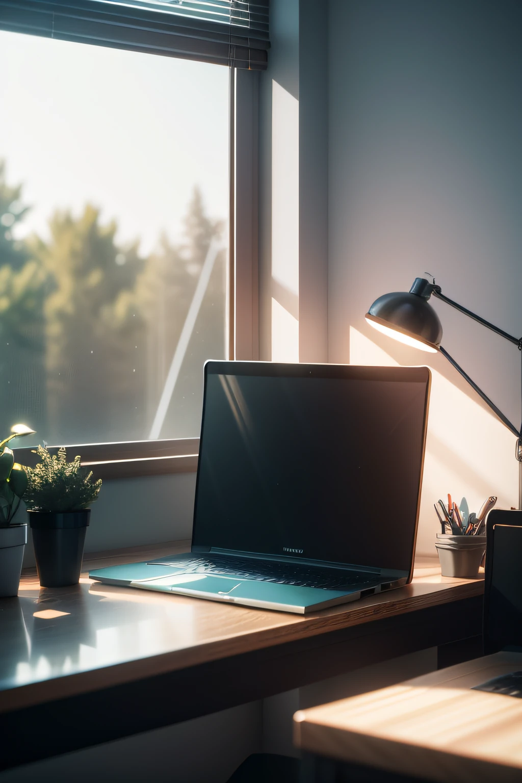 there is a laptop on a table in front of a window, computer render:Henrik Weber, trending on polycount, Photorealism, Cluttered medium shot, home office interior, illusory engine. retro film still, Realistic afternoon lighting, rendered in vray, old cgi 3d rendered bryce 3d, Rendered in V-Ray