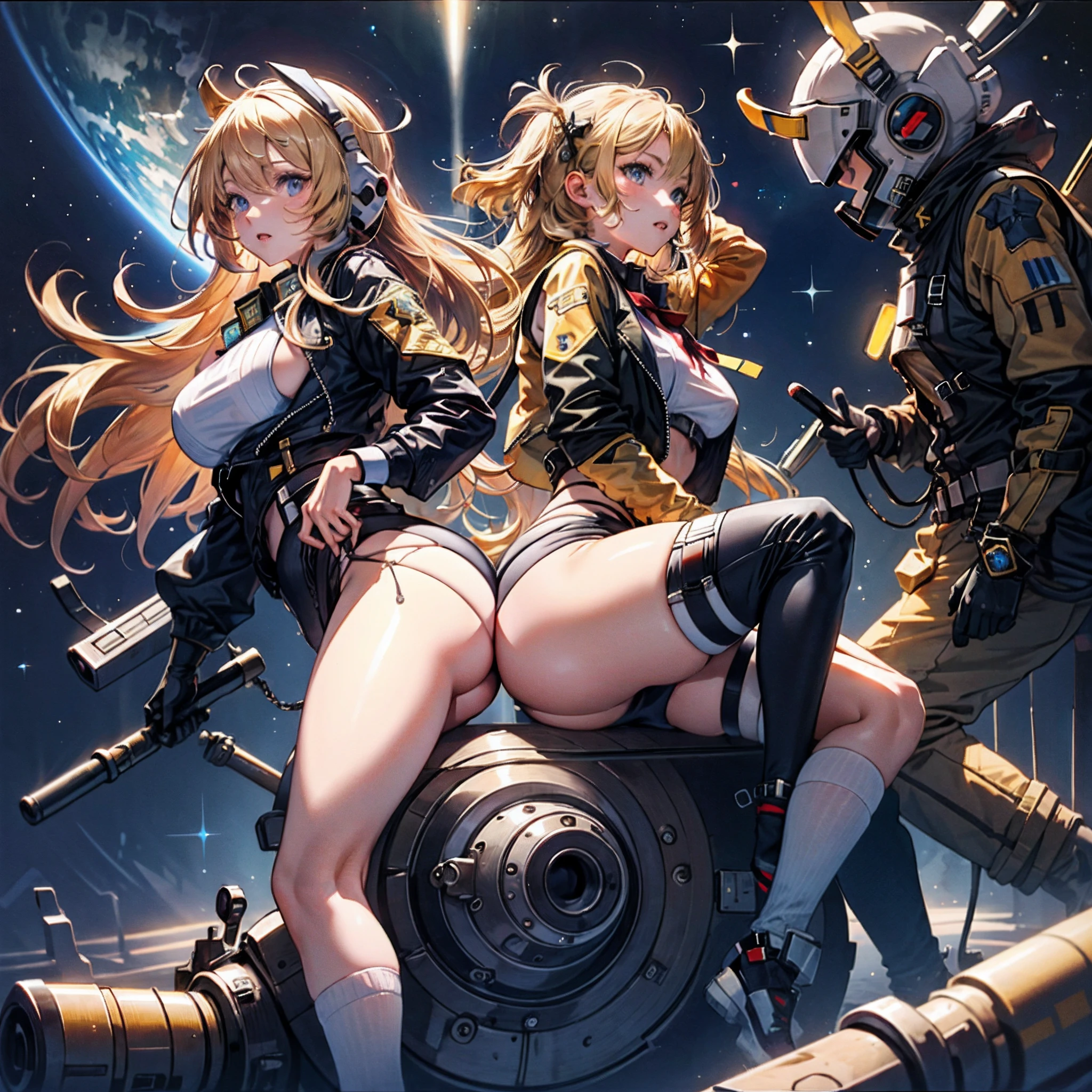 deep space,galactic,schoolgirls,white skinned,showing butt,Leaky breasts
