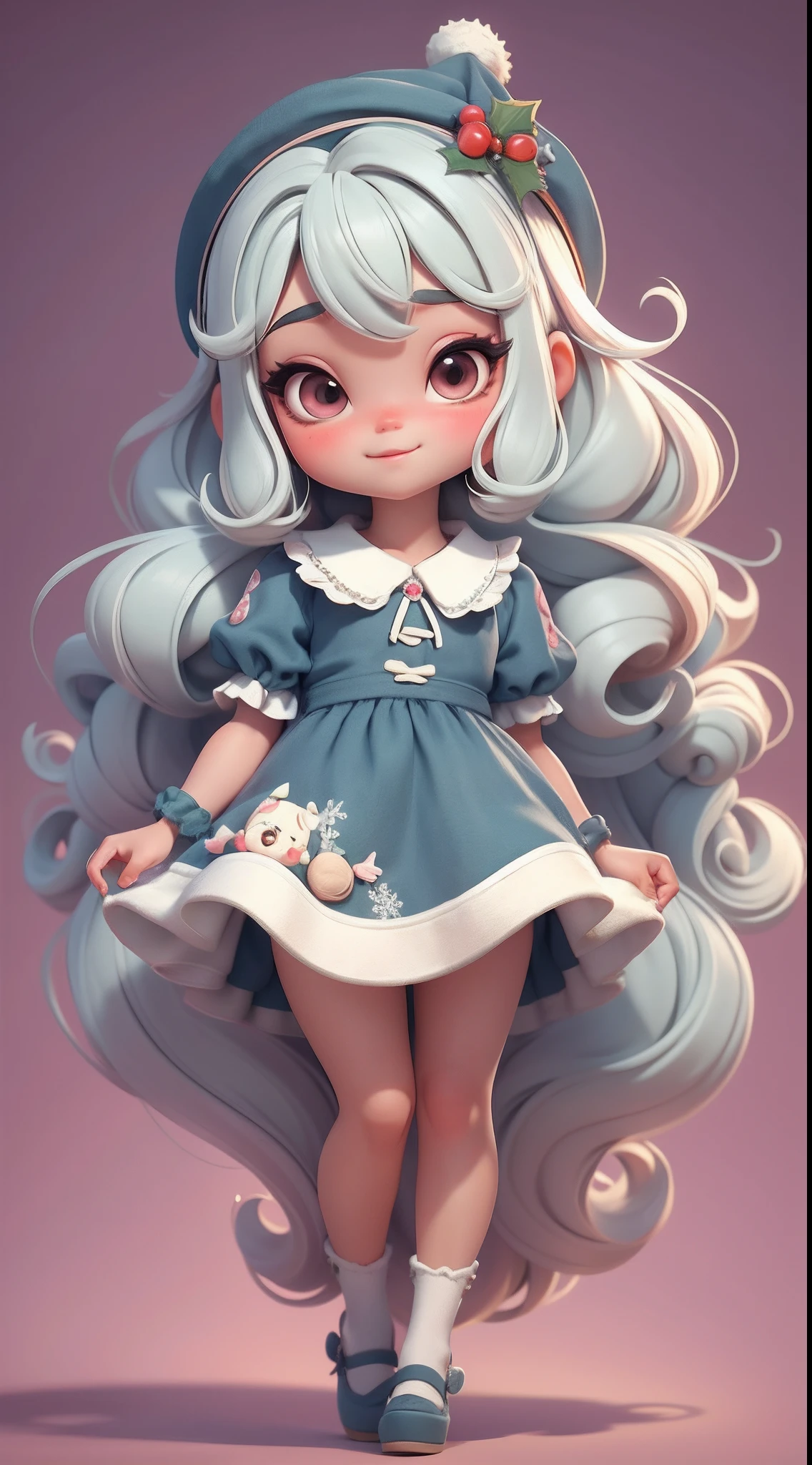 Create a series of chibi style dolls with a cute Christmas theme, each with lots of detail and in an 8K resolution. All dolls should follow the same solid background pattern and be complete in the image, mostrando o (corpo inteiro, incluindo as pernas: 1.5)
Boneca Natal: Chame-a de Bella. Ela deve ter cabelo longo e cacheado em tons pastel, amarrado em duas marias-chiquinhas. Seus olhos devem ser grandes e brilhantes, with long eyelashes and rosy cheeks. Bella deve estar vestida com um vestido delicado e longo, com avental estampado e saia longa rodada. She should wear a hat and have Christmas accessories on hand, while in the other has nothing. Don't forget the details, com detalhes coloridos e enfeites encantadores, sapato bonito
Certifique-se de adicionar sombras, texturas e detalhes nos cabelos, roupas, Cute accessories of each doll, to make them even more adorable and charming.