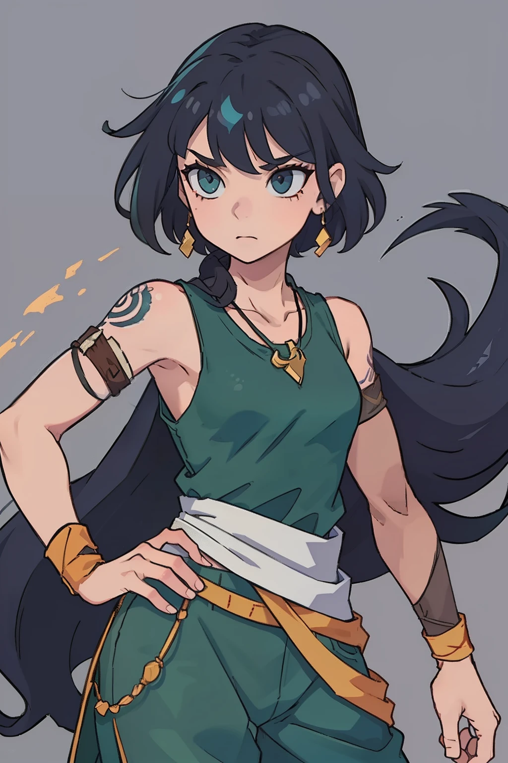 (1girl) (masterpiece) (high_quality) (fantasy) (detailed_hands) Shira: tall and fit physique, light skin tone. Hair: short grey with two bangs. Scars: multiple on face and body, one prominent vertical scar across the throat. Tattoo: blue dragon on right shoulder. Attire: long sleeveless dark green shirt tied with a light green sash, grey pants, black arm braces. Accessories: forehead protector attached to the bottom of shirt, bandages on right biceps, small amber magatama necklace. Special_instruction: focus on detailed and well-proportioned hands.