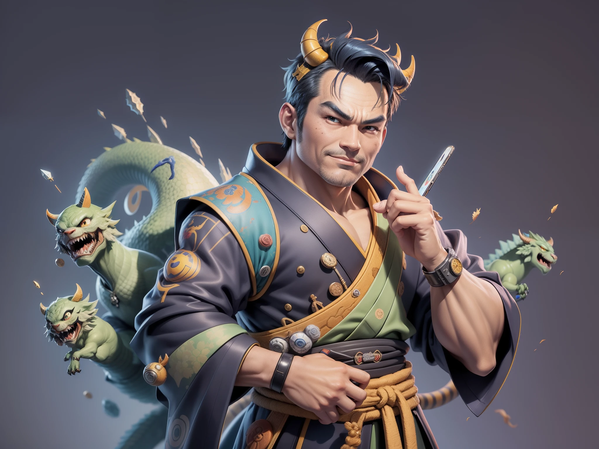 (Masterpiece), (Excellent), (Super Meticulous), (Full Body: 1.2), Super Young Man, Oriental Face, Japanese Kimono, Japanese Wind Thunder God, Dragon, Tiger, TV Anchor, Bust Portrait Illustration, Alone, Black Suit, Blue Tie, Slightly Chubby Face, Very Clean Face, No Beard, Black Super Short Hair, Black Eyes, Confident Smile, 3c Computer Sub-Products, iPad, iPhone, Digital Painting, 3D Character Design by Akira Toriyama and Mark Claireden and Pixar and Hayao Miyazaki, The illustration is a high-definition illustration in 4K resolution with very detailed facial features and cartoon-style visuals.
