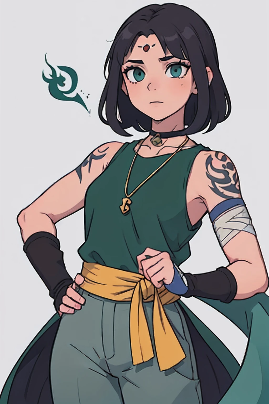 (1girl) (masterpiece) (high_quality) (fantasy) (detailed_hands) Shira: tall and fit physique, light skin tone. Hair: short grey with two bangs. Scars: multiple on face and body, one prominent vertical scar across the throat. Tattoo: blue dragon on right shoulder. Attire: long sleeveless dark green shirt tied with a light green sash, grey pants, black arm braces. Accessories: forehead protector attached to the bottom of shirt, bandages on right biceps, small amber magatama necklace. Special_instruction: focus on detailed and well-proportioned hands.