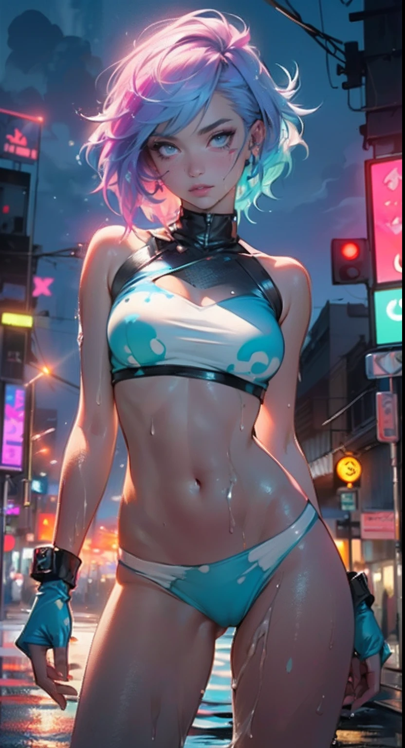 cute cartoon girl,(((1girl))),((extremely cute cartoon girl with liquid paint hair)),
(large breasts:1.4),short hair,(((liquid paint hair:1.1,neon purple hair|neon pink hair|neon blue hair|neon aqua hair|purple hair|fuchsia hair|fluorescent blue hair|amethyst hair|neon hair|bright pink hair :1.5,bright hair: 1.3,hair made of paint and defies gravity,thick flowing,paint splatter:1.3,shiny hair: 1.3,vibrant colored hair))),((heterochromia:1.5,eye1 purple,eye2 pink,upturned eyes:1.3,perfect eyes,beautiful detailed eyes,finely detailed beautiful eyes:1,symmetrical eyes:1)),((fat)),(((lustrous skin:1.5,bright skin: 1.5,skin tanned,shiny skin,very shiny skin,shiny body,plastic glitter skin,exaggerated shiny skin,illuminated skin,wet legs))),(spider lower abdomen,narrow waist,wide hip,athletic body,inflated legs,delicate detailed fingers,detailed body,human hands,(detailed face)),
cute,slutty,seductive,erotic,((nsfw))
(((liquid paint clothes,clothes made of liquid paint))),underboob,with liquid paint micro clothes,body paint,dripping paint,liquid pain tiny thong,bare legs,((wet liquid paint clothes,detailed outfit,detailed liquid paint clothes)),
(dynamic pose:1.0),solo focus,embarrassed,(centered,scale to fit dimensions,Rule of thirds),
cyberpunk city by the ocean at night, with bright neon signs and dark stormy clouds and puddles,
High resolution, sharp focus, (ultra detailed, extremely detailed), (photorealistic artwork:1.37), 8k wallpaper,((synthwave background theme)),((vibrant colors)),(intricate),masterpiece,(best quality),