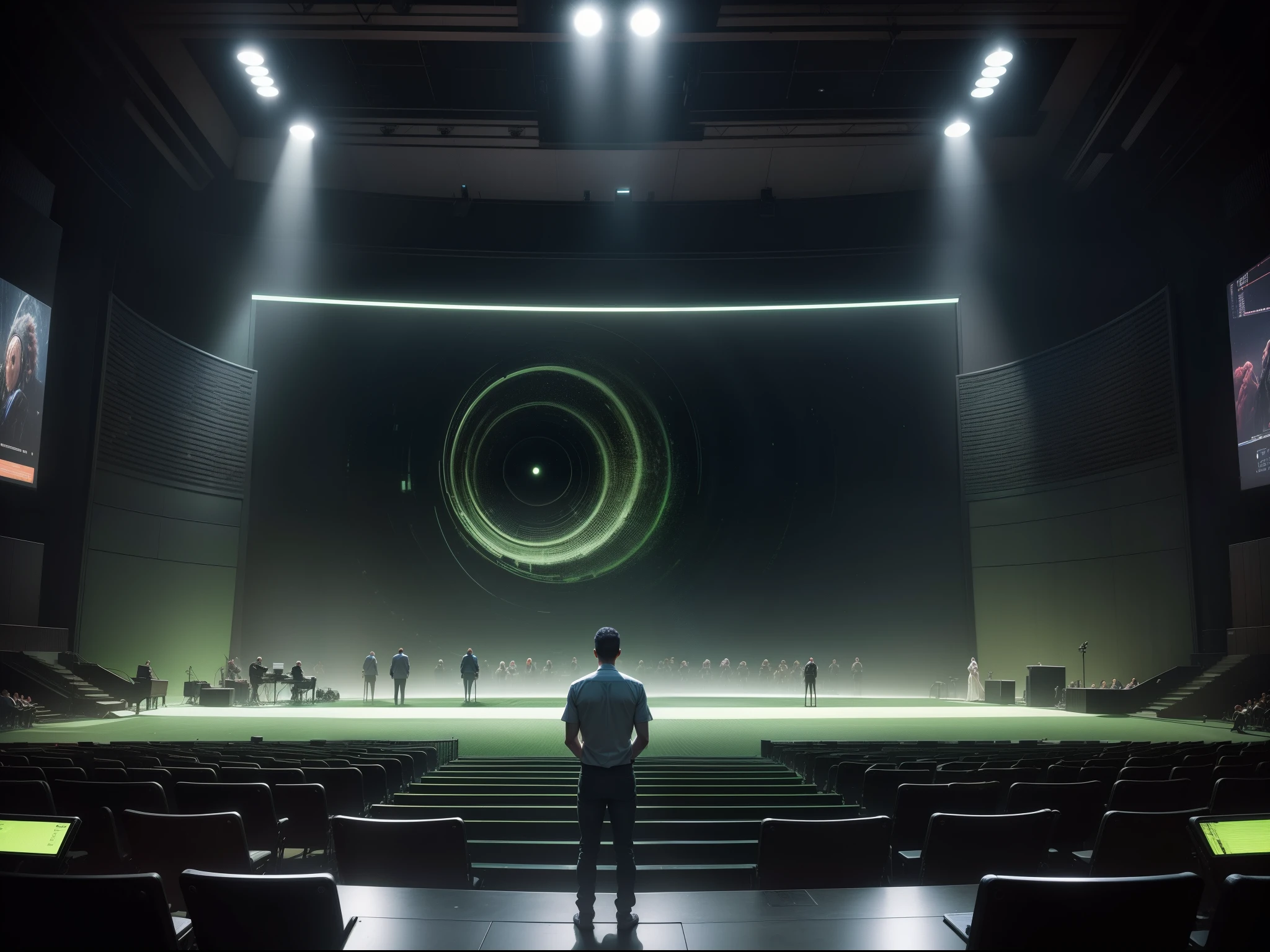 Palco escuro, luzes verdes, several people in the audience, computadores futuristas, Graphics that appear on monitors, Realista, Ultra HD, 4k