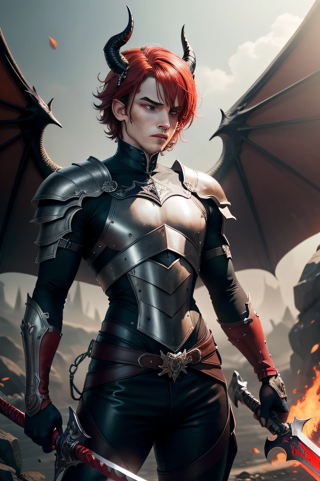personagem masculino, homem, demonio, um homem de rosto vermelho, armadura masculina de metal cobrindo competamente o peitoral, armadura pesada completa,camisa negra com metal em cima, black leather pants, human head with horns and short fire red hair, Black wings and sword in hand, asas de penas, 8k, muito detalhado, Fotorealista