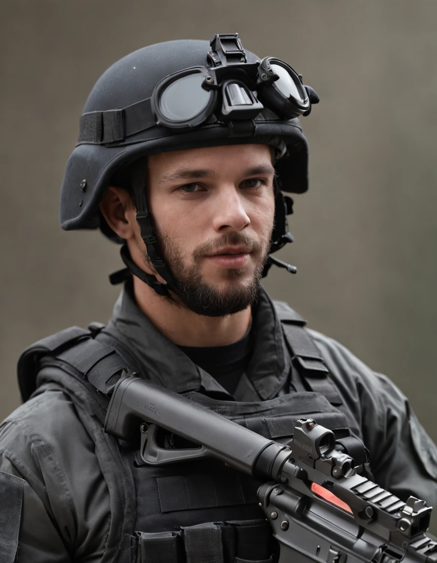 full body, A Navy SEAL. Clad in a sleek black tactical uniform and donning combat gear. Wears a tactical vest adorned with ammunition and equipment pouches. He embodies the qualities of a highly trained and skilled warrior