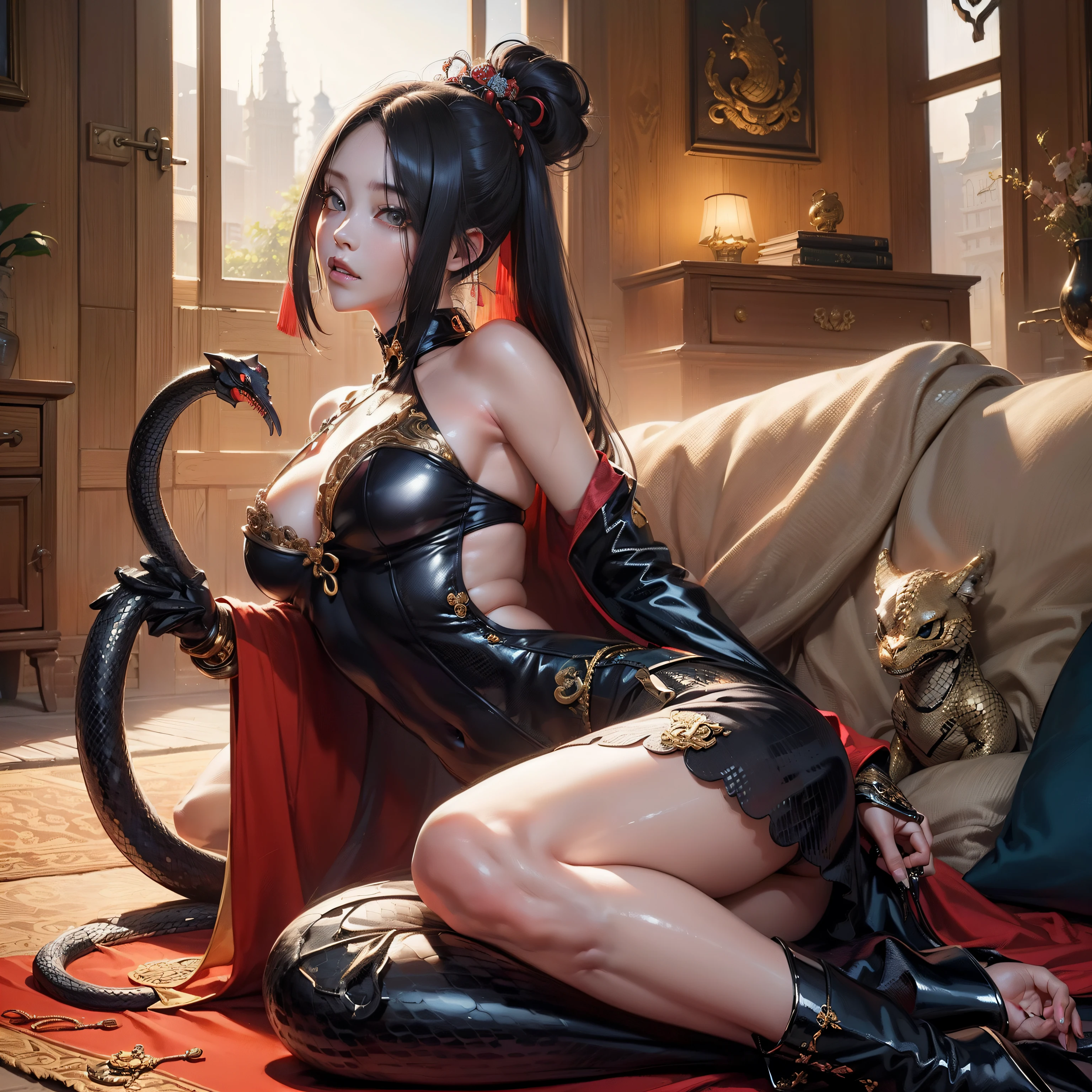 (((masutepiece+Best Quality+High resolution+Ultra-detailed))), Boa Hancock, snake_skull, cabelos preto e longos, A sexy、 noble、an animated character、Chinese