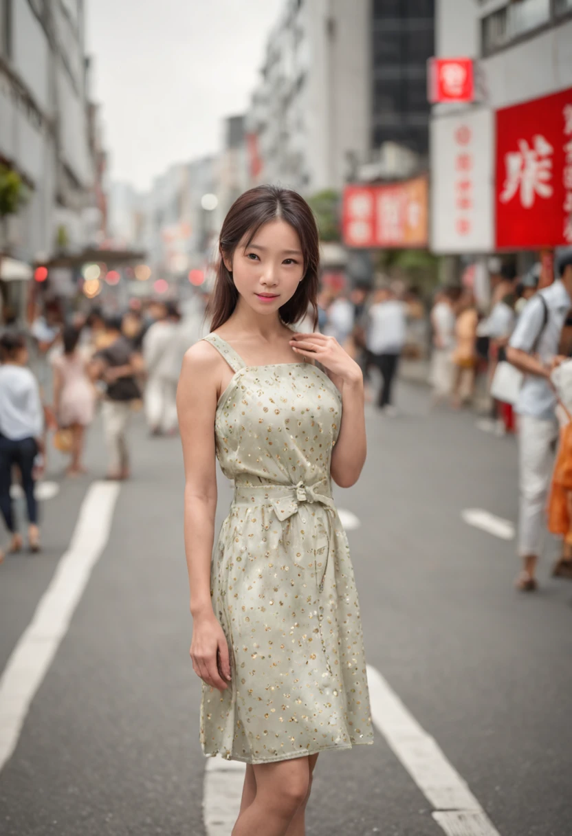 an asain women on a busy steet in Tokyo posing for the camera summer dress mid day