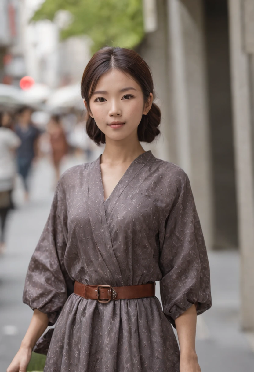 an asain women on a busy steet in Tokyo posing for the camera summer dress mid day