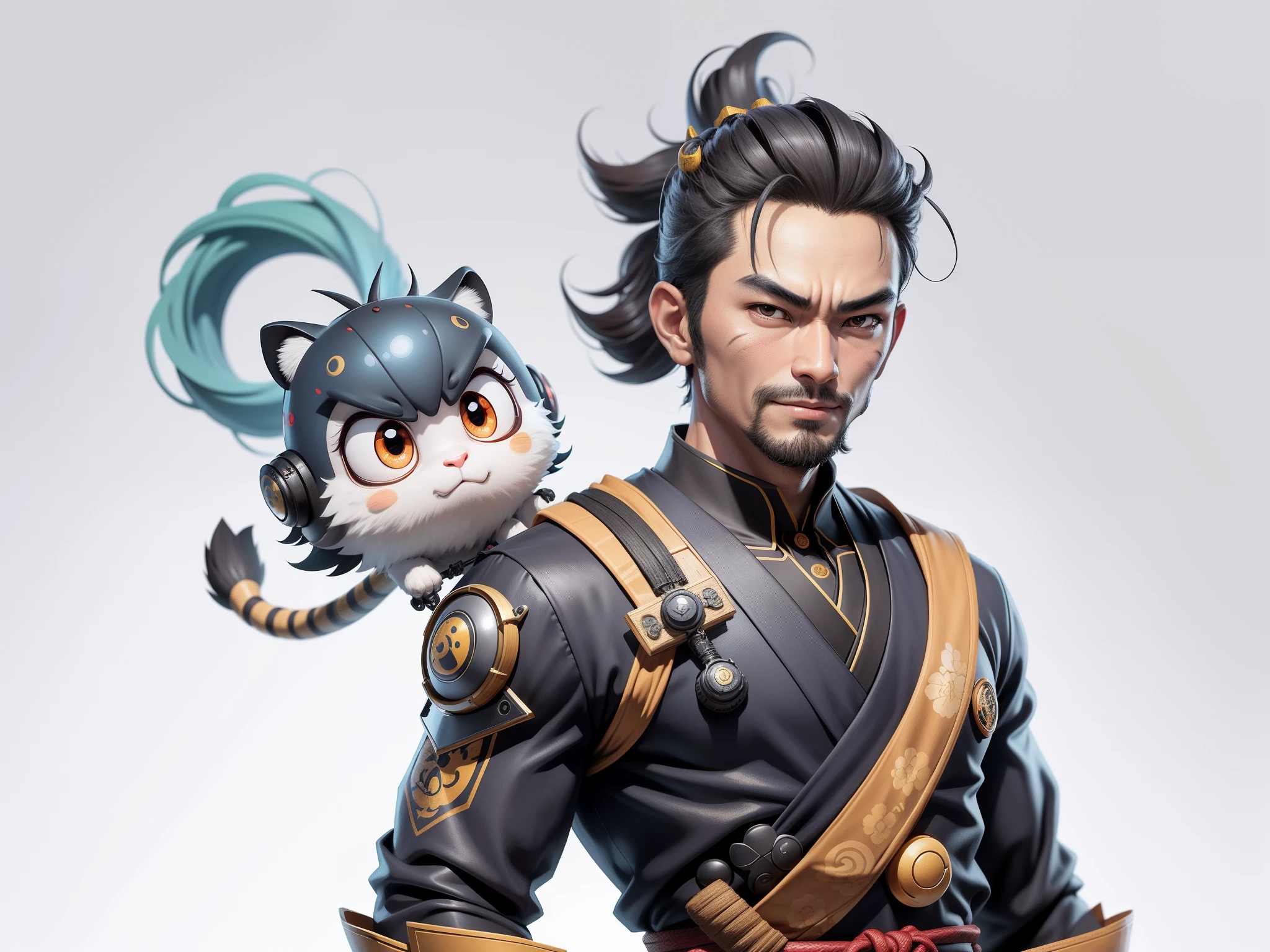 (Daisaku),(Need),(Super meticulous),(full bodyesbian:1.2),Super young man with Japanese geisha,Beautiful,orient,one tiger,Aeolian Thor,Raised sexy,爆乳,Oriental face,TV Anchor,Bust portrait illustration,In black suit,a blue tie,The face is slightly chubby,The face was clean,without a beard,Black super short hair,Black eyes,Smile confidently,3C computer sub-products,iPad, iphone,Digital painting,3D character design by Mark Clairen and Pixar and Hayao Miyazaki and Akira Toriyama,The illustration is a high-definition illustration in 4K resolution,With very detailed facial features and cartoon-style visuals。
