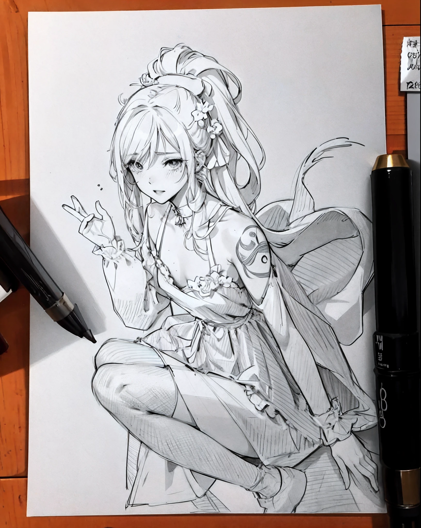 drawing of a girl in a dress sitting on a table, extremely fine ink lineart, pencil and ink manga drawing, traditional drawing style, anime drawing, line sketch!!, loose linework, anime sketch, (inktober), sketch art, detailed fanart, anime style drawing, loose pencil sketch, beautiful drawing style, realistic sketch, black and white sketch, ink manga drawing