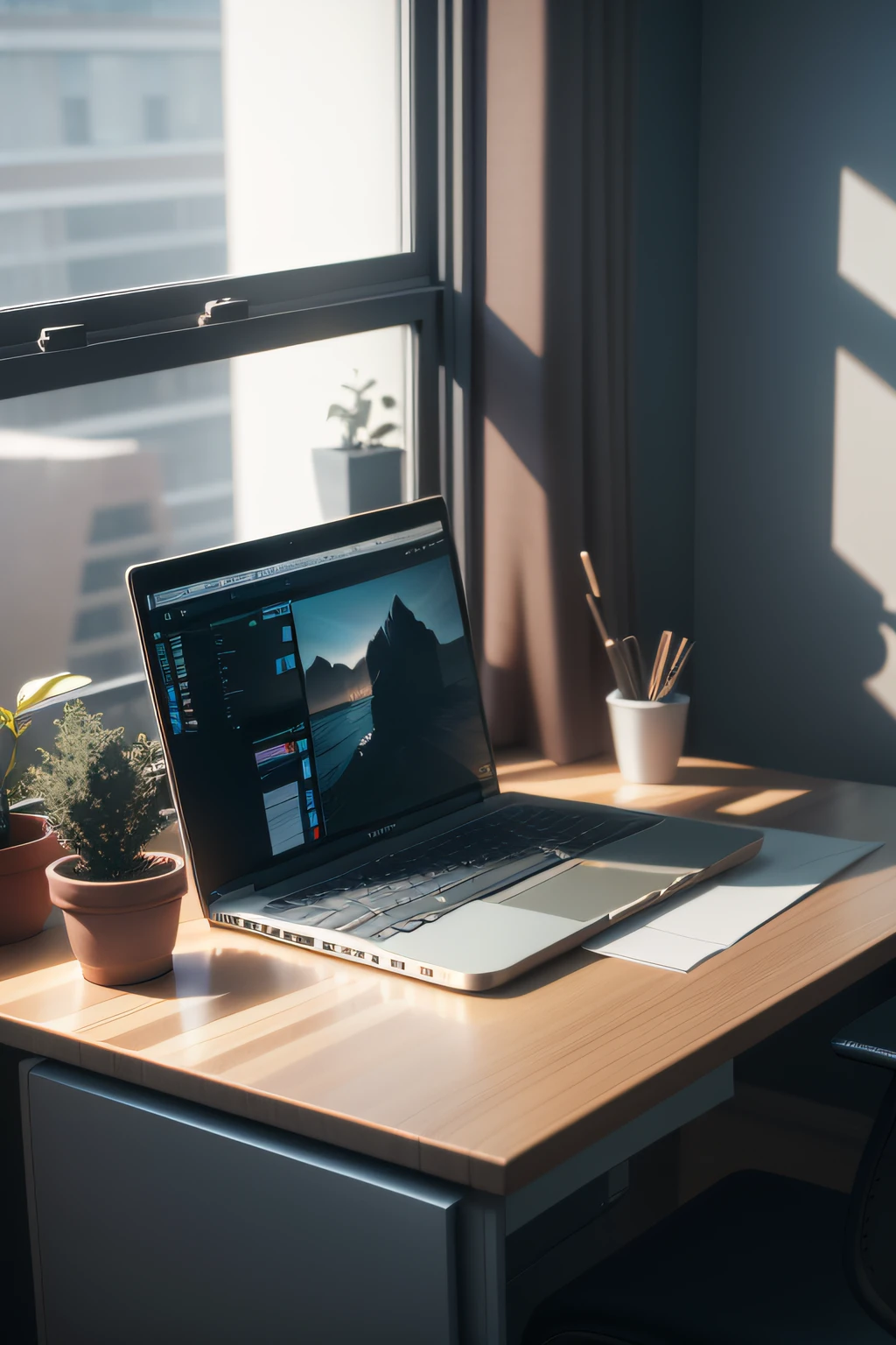 there is a laptop on a table in front of a window, computer render：Henrik Weber, trending on polycount, Photorealism, Cluttered medium shot, home office interior, illusory engine. retro film still, Realistic afternoon lighting, rendered in vray, old cgi 3d rendered bryce 3d, Rendered in V-Ray