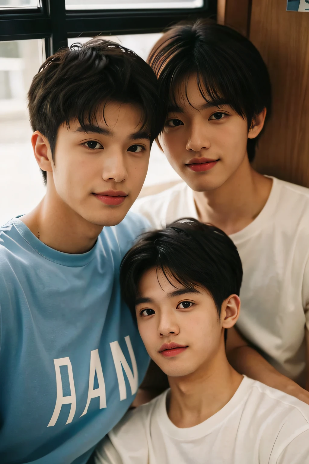 (male people), (Two boy couples，Same height，Two college students,different hair style), (28 year old), （beachside）, Film texture, Japanese film，真实感，Real Human, Nice light and shadow, The background is blurred out, long eyelasher,The upper part of the body, 二重まぶた, Handsome，youthfulness，freshen，Asian people，is shy，Fashionab，ssmile，largeeyes，Round eyes，