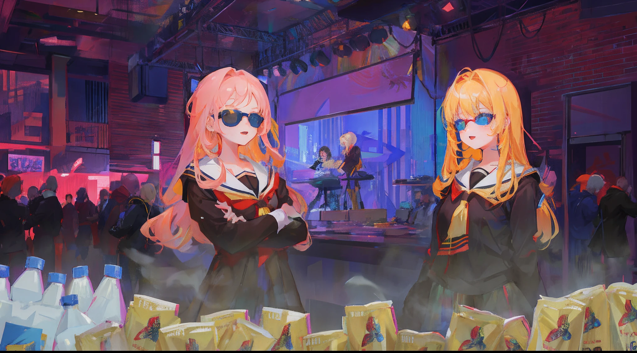 Anime characters, dressed in costumes, stand in a room with a crowd, Secondary school education, lofi artstyle, background illustration, hololive, in the art style of 8 0 s anime, IG Studios Anime Style, Anime style. 8K, Вдохновленная игра Gacha Club, girls frontline style, anime style 4 k, anime styled 3d, dancing in the background